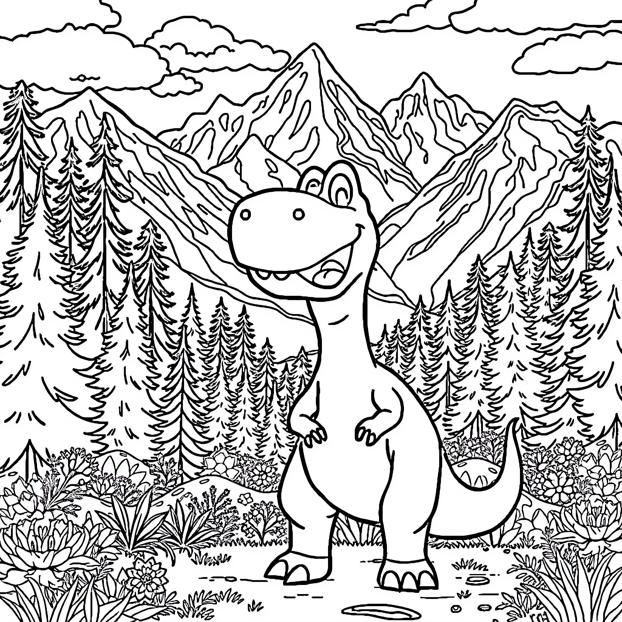 Dinosaur in the Mountainous Landscape Coloring Page (free black-and-white line drawing printable PDF for all, from beginners to advanced learners, including children, teens, adults, and seniors)