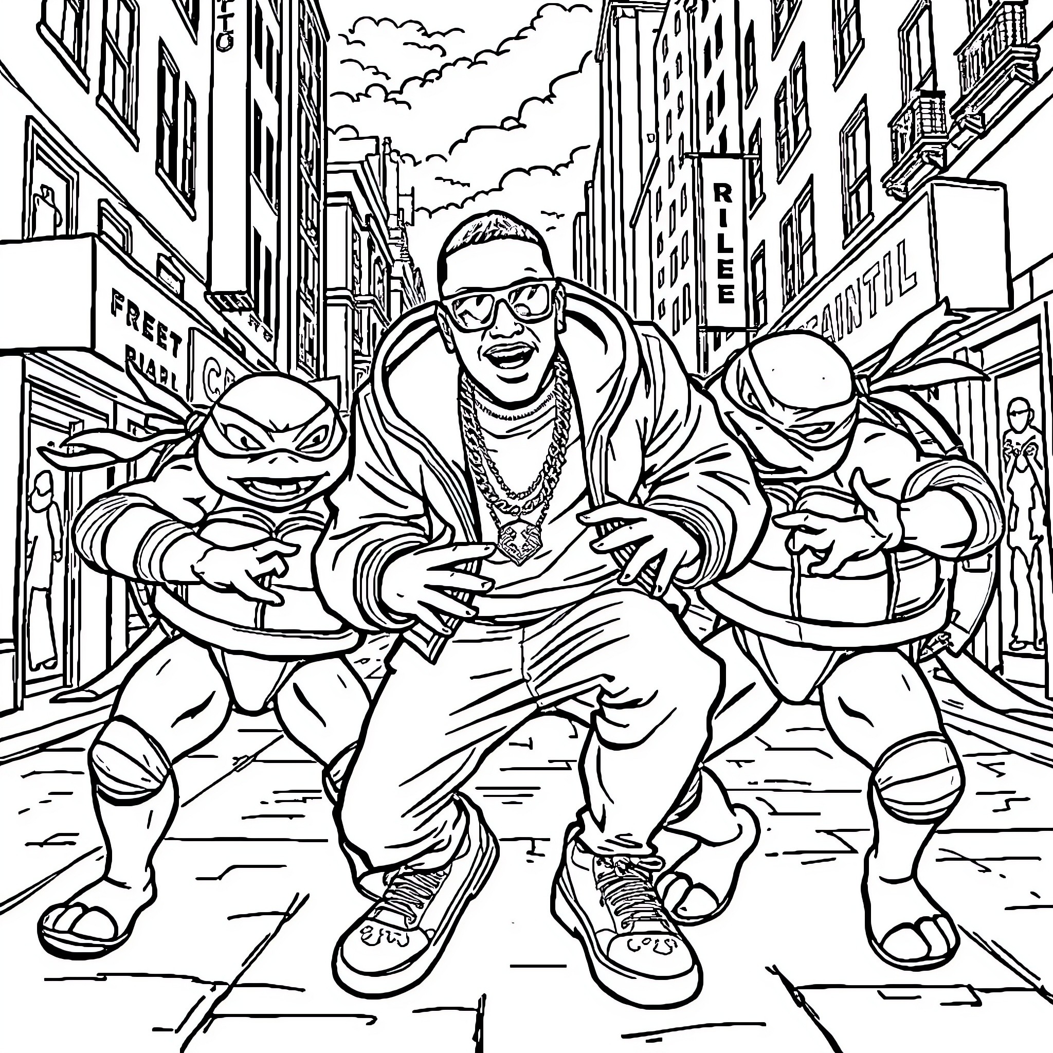 Teenage Mutant Ninja Turtle trio with street performer Coloring Page (free black-and-white line drawing printable PDF for all, from beginners to advanced learners, including children, teens, adults, and seniors)