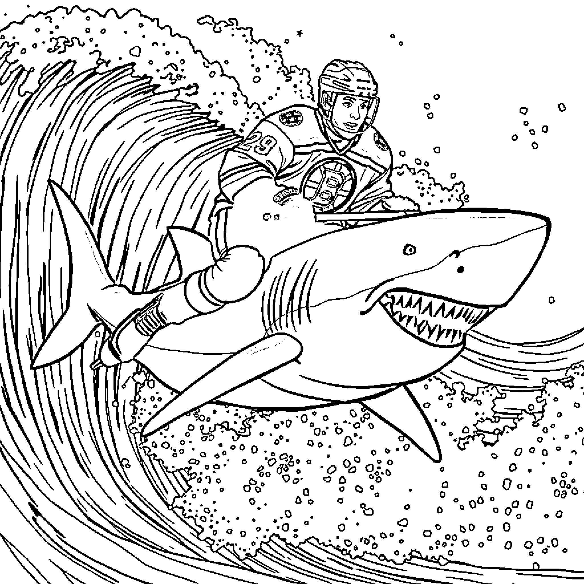 Bruins Player Riding a Surfboard Through Crashing Waves Coloring Page (free black-and-white line drawing printable PDF for all, from beginners to advanced learners, including children, teens, adults, and seniors)