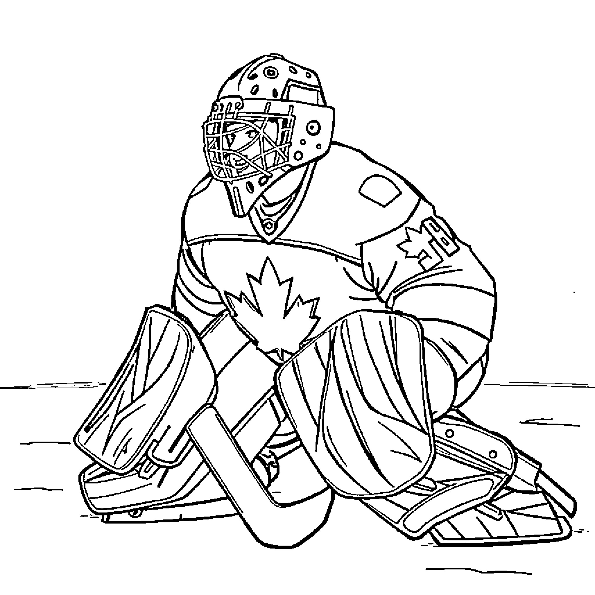 Hockey Goalie in Full Gear on the Rink Coloring Page (free black-and-white line drawing printable PDF for all, from beginners to advanced learners, including children, teens, adults, and seniors)