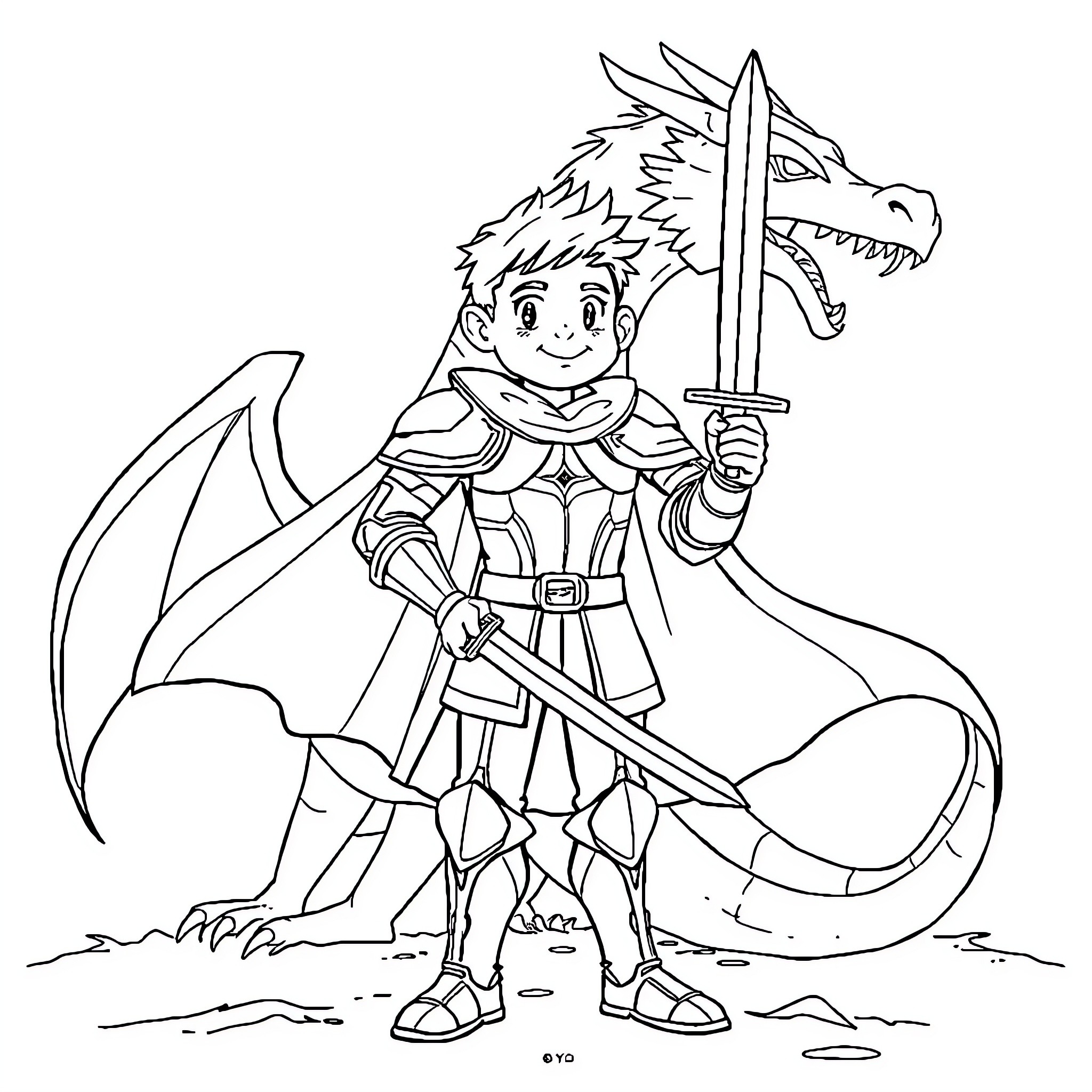 Dad and his dragon companion go on an adventure Coloring Page (free black-and-white line drawing printable PDF for all, from beginners to advanced learners, including children, teens, adults, and seniors)