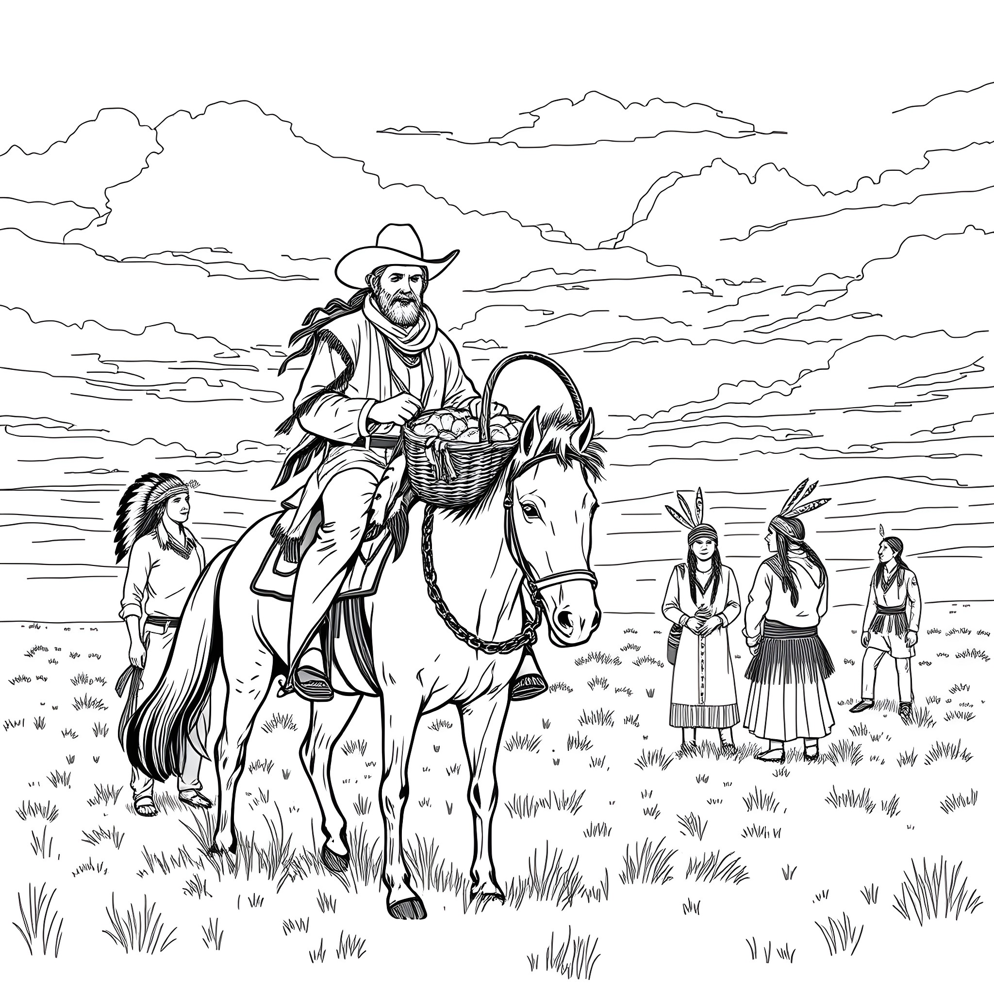 Cowboy on horseback carrying basket in the prairie Coloring Page (free black-and-white line drawing printable PDF for all, from beginners to advanced learners, including children, teens, adults, and seniors)