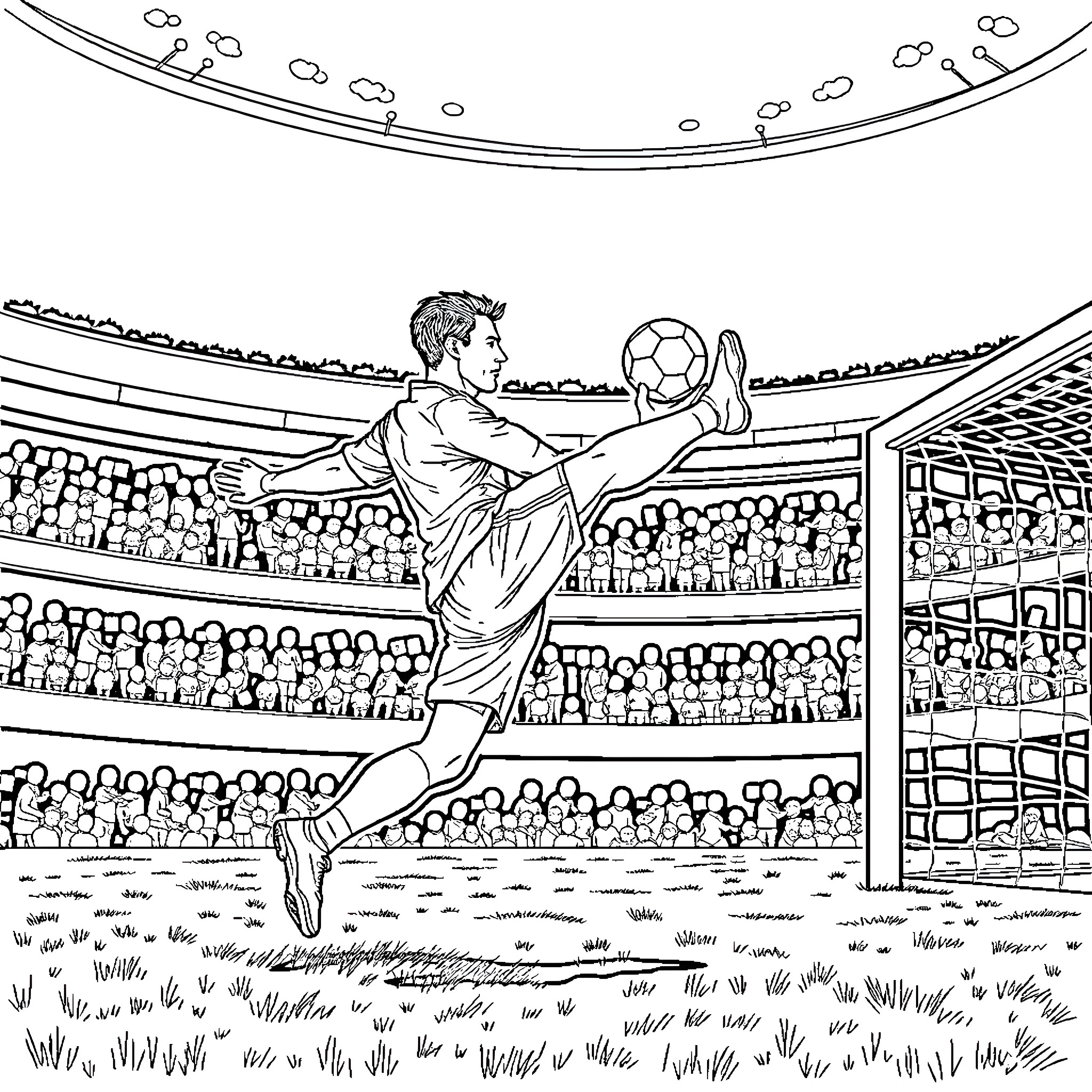 Ronaldo's epic soccer match with the crowd cheering Coloring Page (free black-and-white line drawing printable PDF for all, from beginners to advanced learners, including children, teens, adults, and seniors)