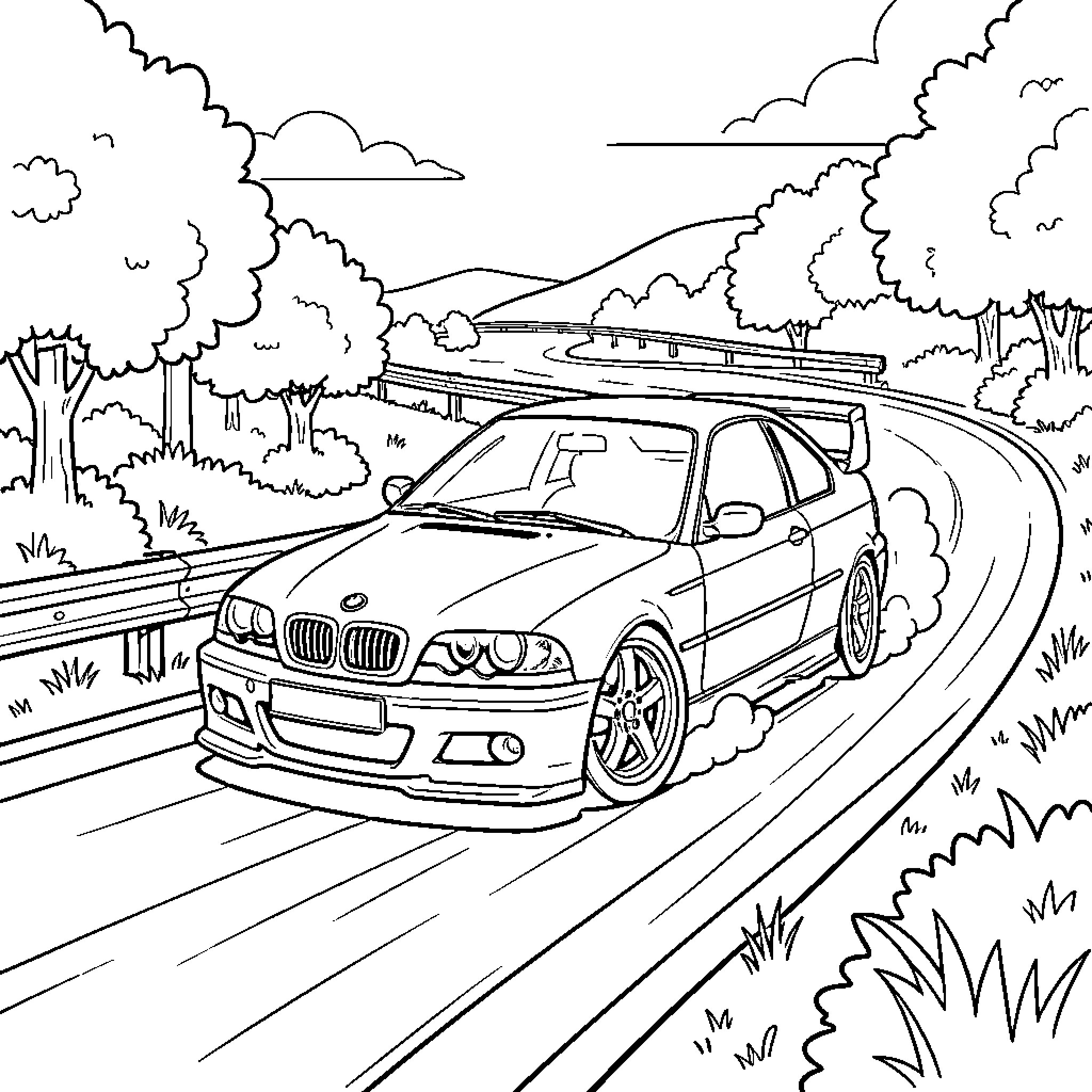 BMW speeding through a winding mountain road Coloring Page (free black-and-white line drawing printable PDF for all, from beginners to advanced learners, including children, teens, adults, and seniors)