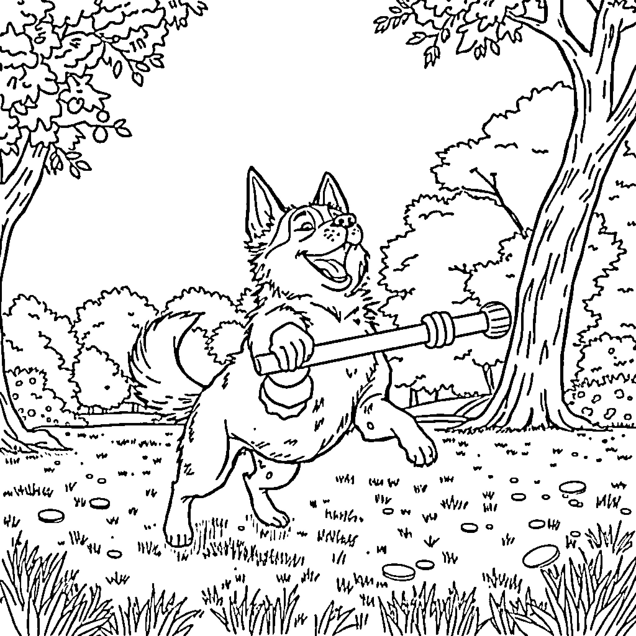 Chien playing joyfully with a stick in the woods Coloring Page (free black-and-white line drawing printable PDF for all, from beginners to advanced learners, including children, teens, adults, and seniors)