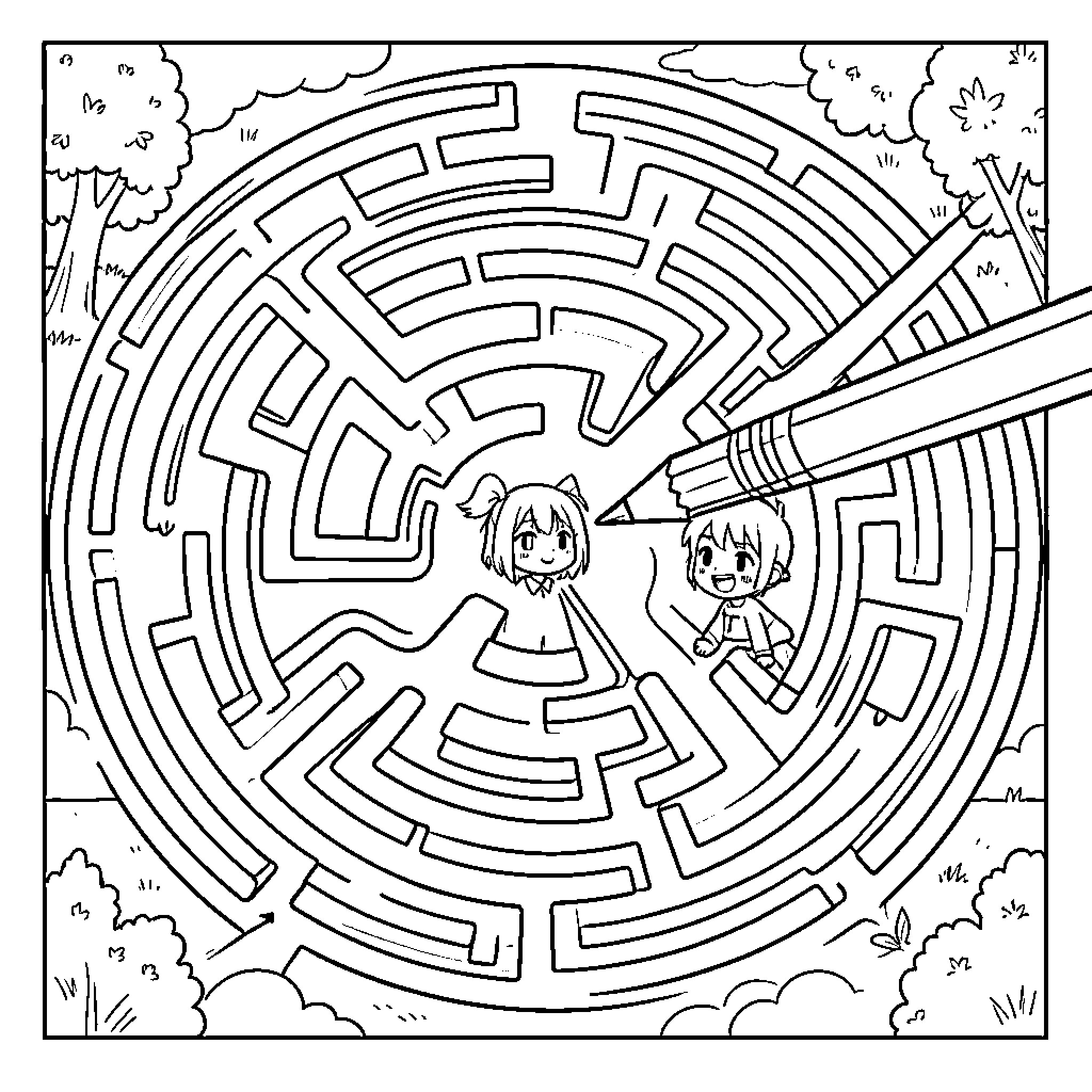 Anime Characters Navigating a Complex Maze Coloring Page (free black-and-white line drawing printable PDF for all, from beginners to advanced learners, including children, teens, adults, and seniors)