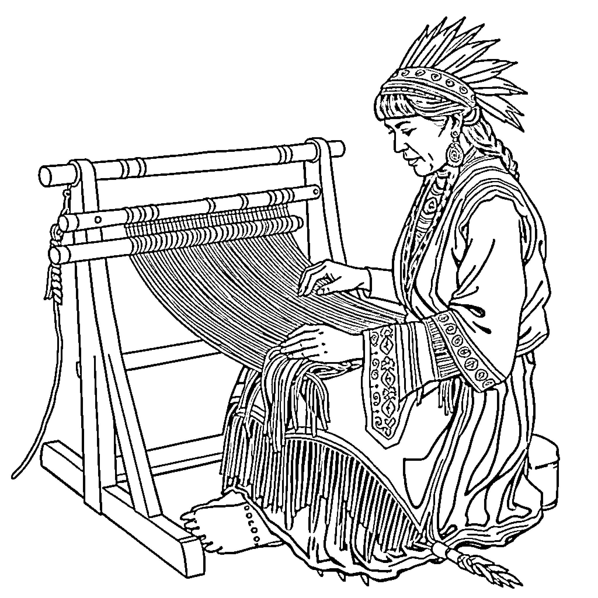 Woman weaving intricate patterns on traditional loom Coloring Page (free black-and-white line drawing printable PDF for all, from beginners to advanced learners, including children, teens, adults, and seniors)