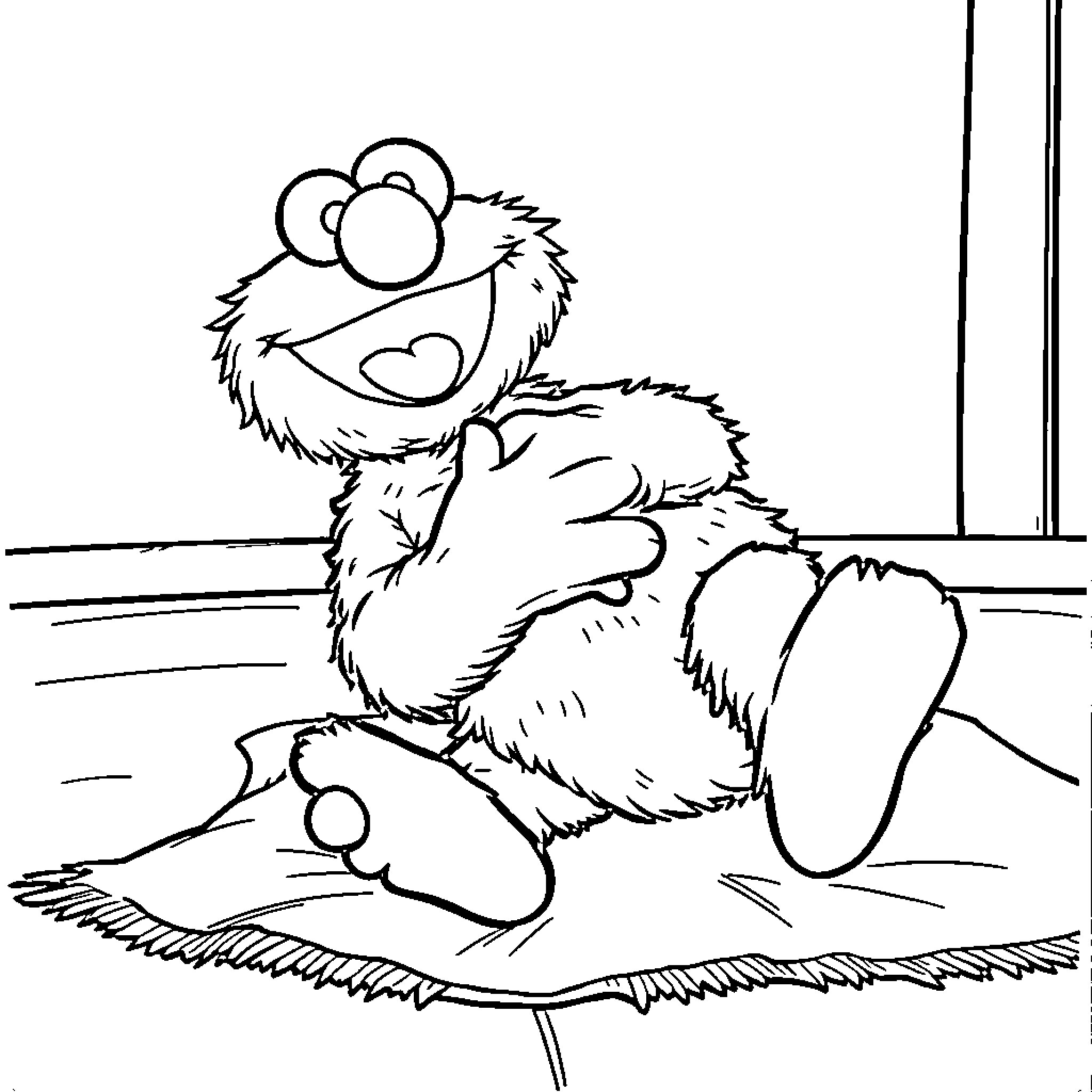 Elmo relaxing happily on the floor Coloring Page (free black-and-white line drawing printable PDF for all, from beginners to advanced learners, including children, teens, adults, and seniors)