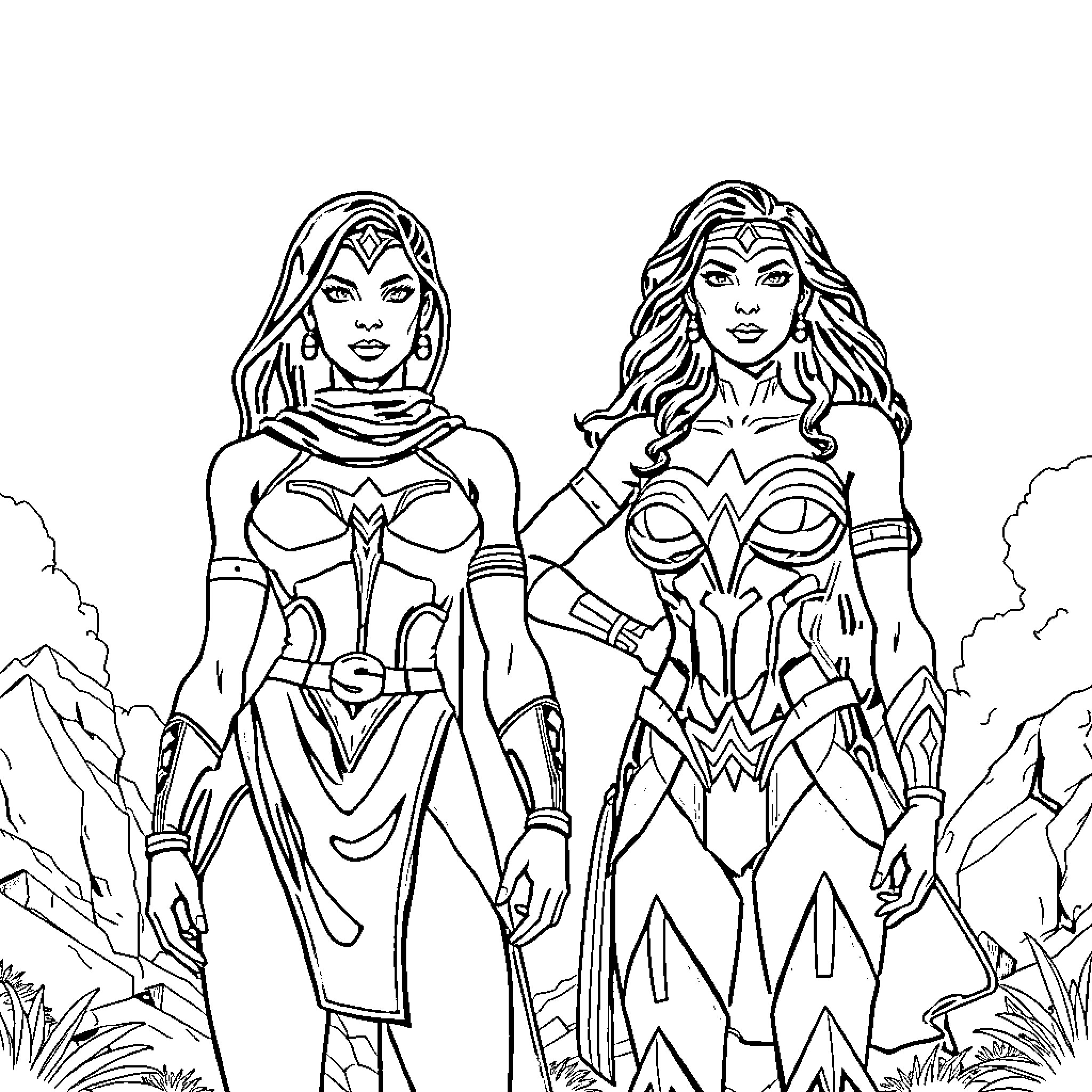Nubia: Powerful Warrior Women in Action Coloring Page (free black-and-white line drawing printable PDF for all, from beginners to advanced learners, including children, teens, adults, and seniors)