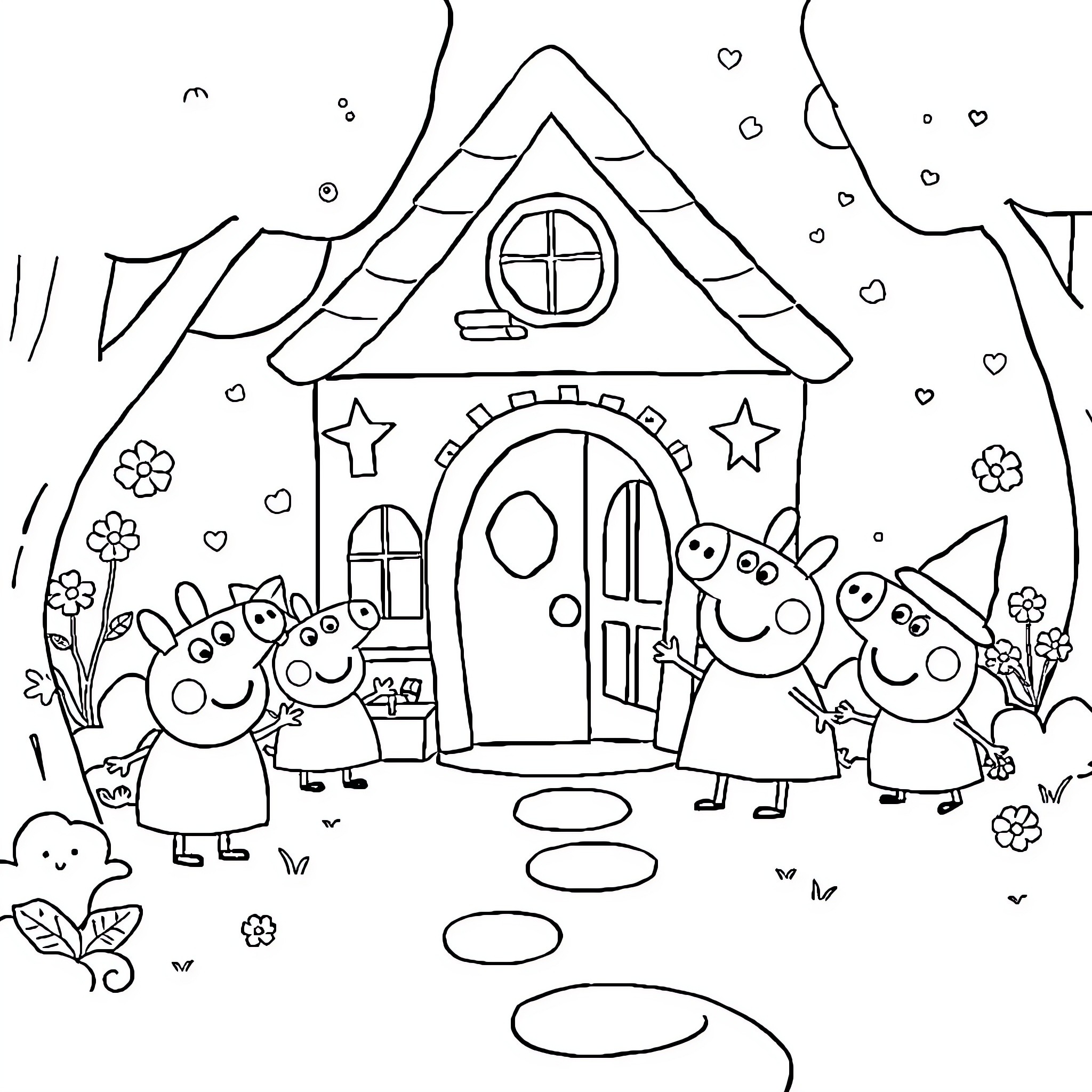 Gabby's Whimsical Cottage Adventure Coloring Page (free black-and-white line drawing printable PDF for all, from beginners to advanced learners, including children, teens, adults, and seniors)