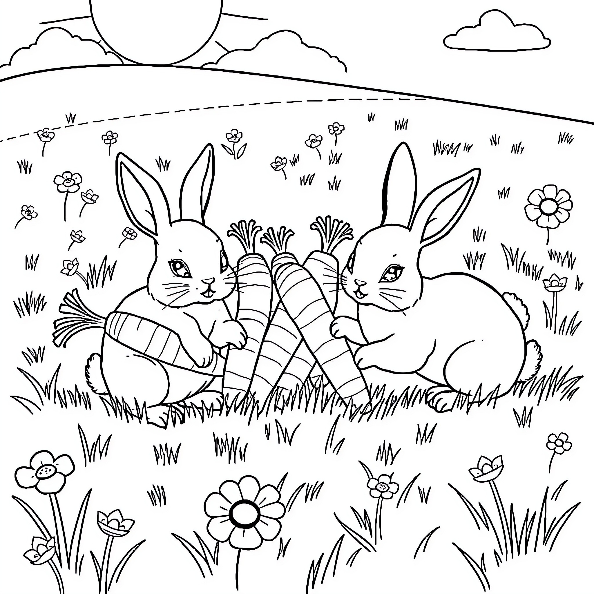 Bunny rabbits enjoying a sunny day in the meadow Coloring Page (free black-and-white line drawing printable PDF for all, from beginners to advanced learners, including children, teens, adults, and seniors)