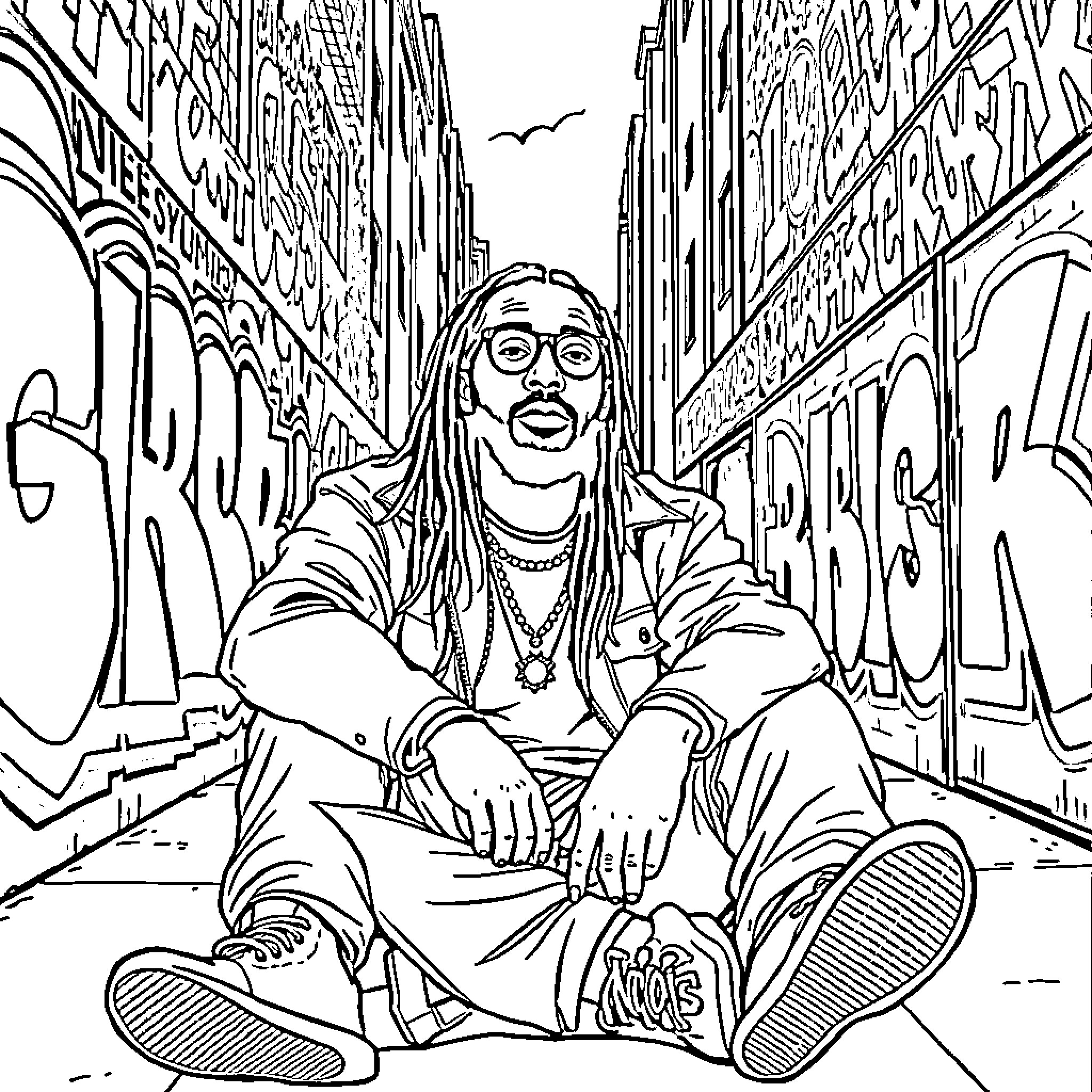 Mac Dre relaxing in a graffiti-filled alley Coloring Page (free black-and-white line drawing printable PDF for all, from beginners to advanced learners, including children, teens, adults, and seniors)