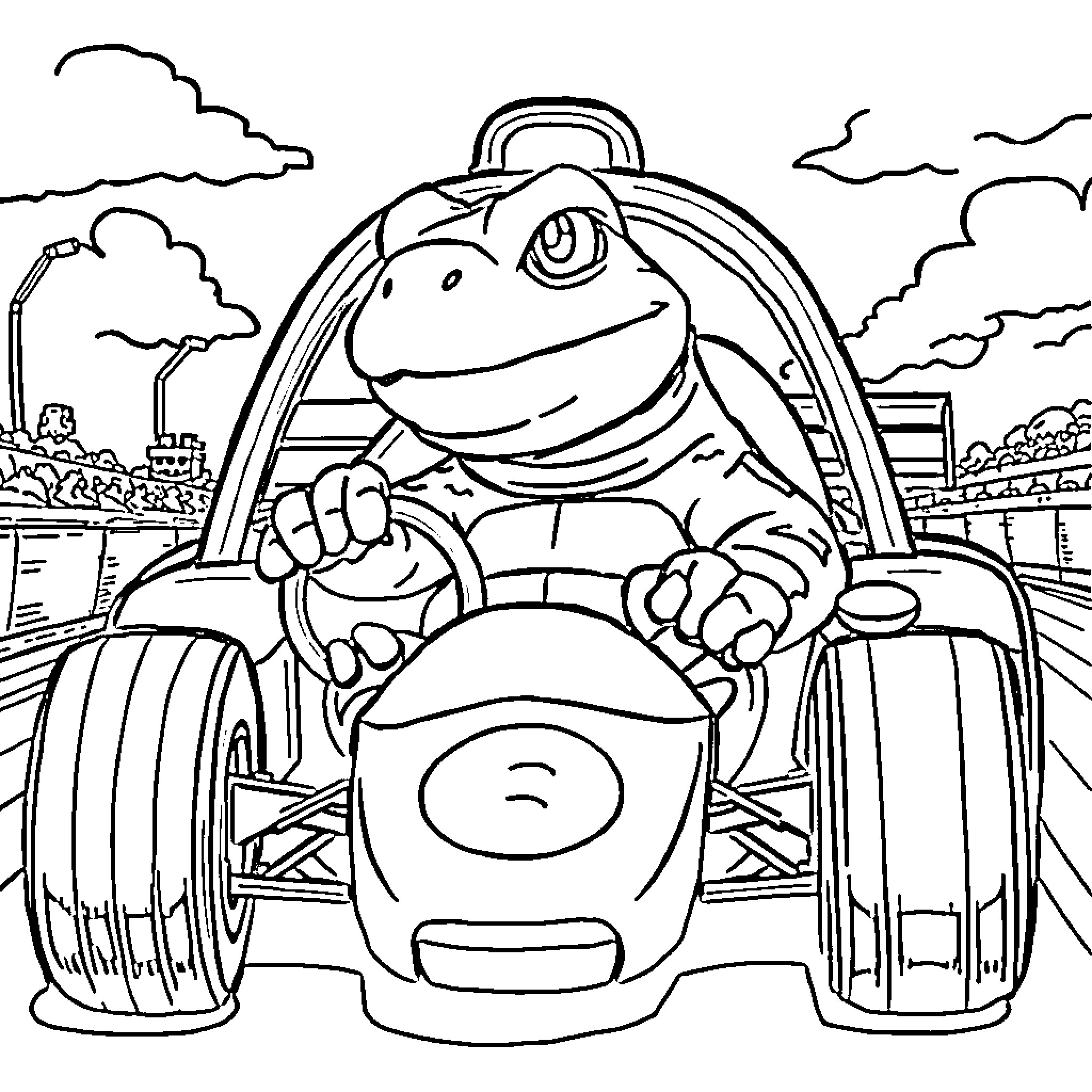 Blastoise racing through a city in a high-powered vehicle Coloring Page (free black-and-white line drawing printable PDF for all, from beginners to advanced learners, including children, teens, adults, and seniors)