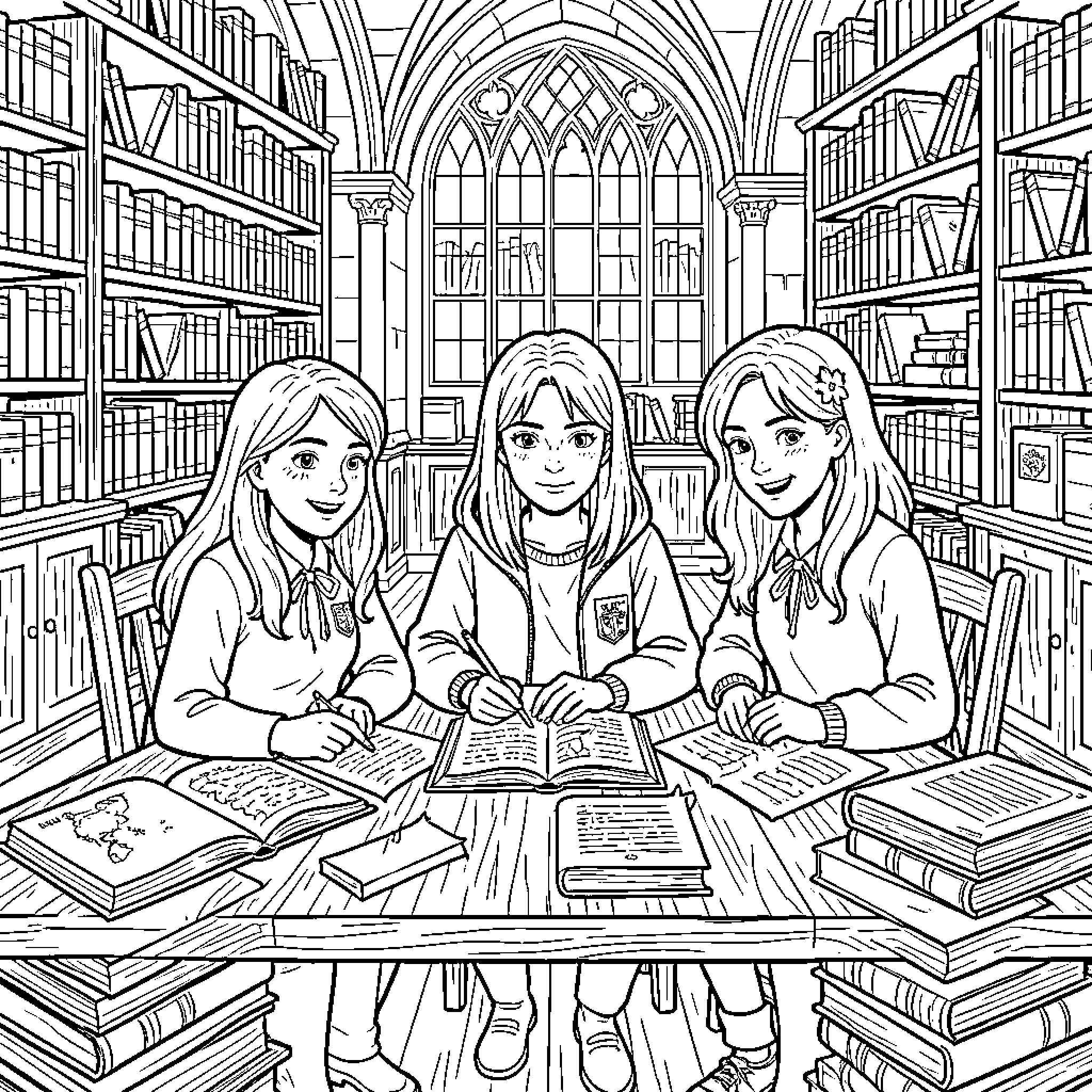 Hermione studying intently with friends in a library Coloring Page (free black-and-white line drawing printable PDF for all, from beginners to advanced learners, including children, teens, adults, and seniors)