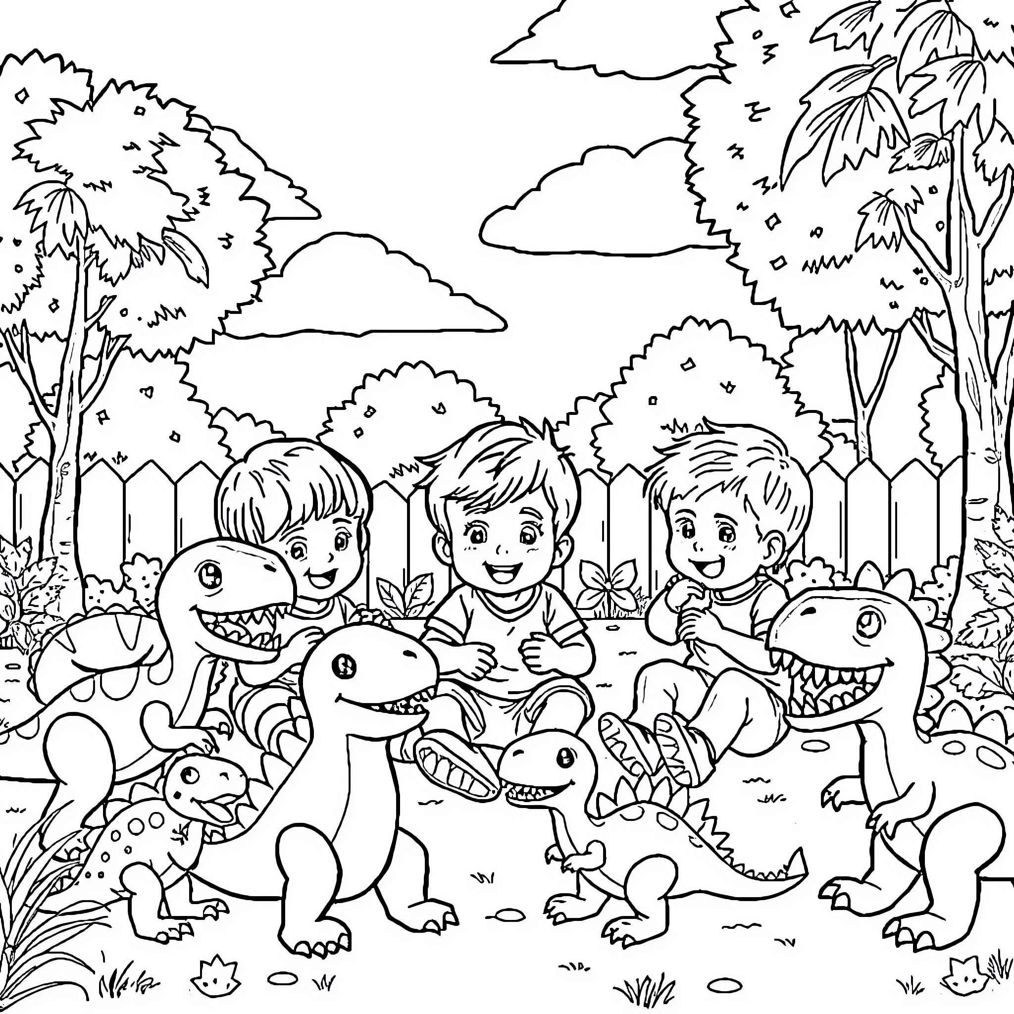 Dinosaur friends playing together in the park Coloring Page (free black-and-white line drawing printable PDF for all, from beginners to advanced learners, including children, teens, adults, and seniors)