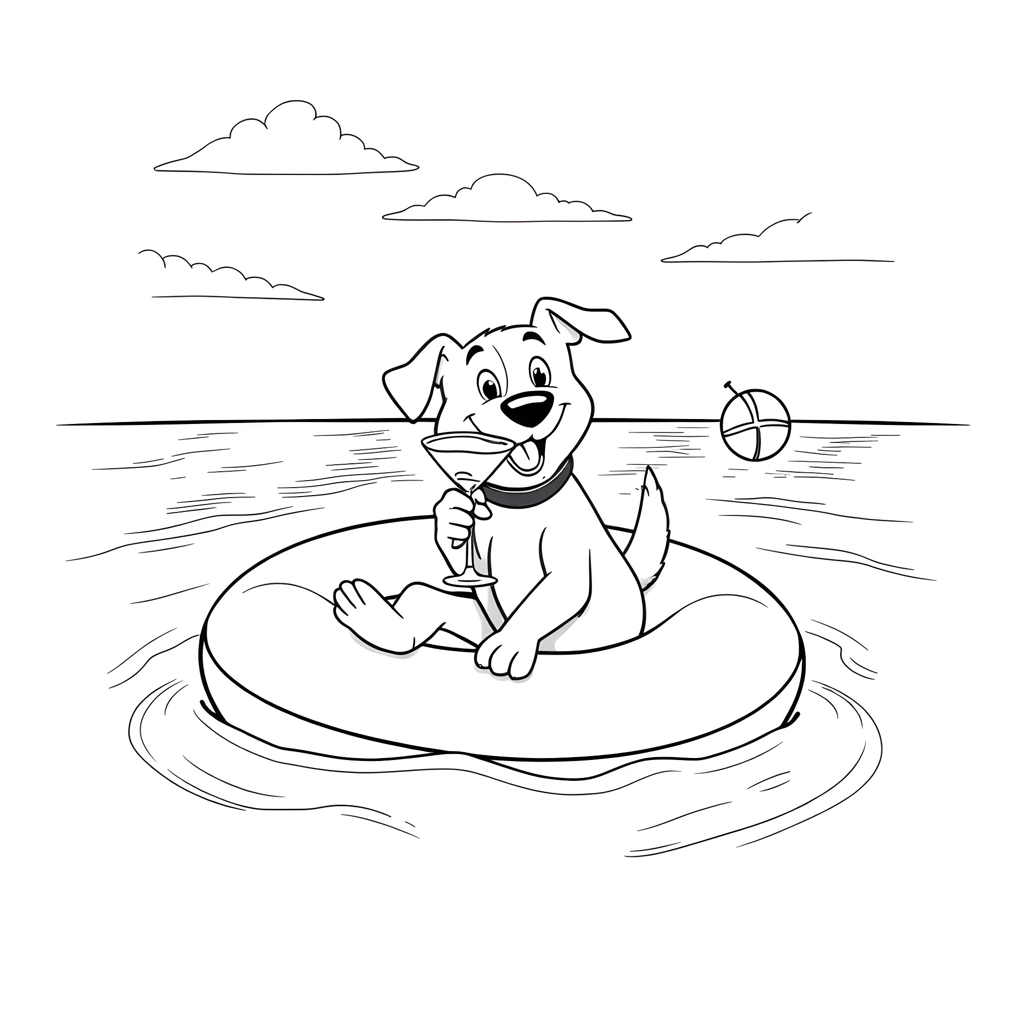 Dog playing happily in the pool with a ball Coloring Page (free black-and-white line drawing printable PDF for all, from beginners to advanced learners, including children, teens, adults, and seniors)