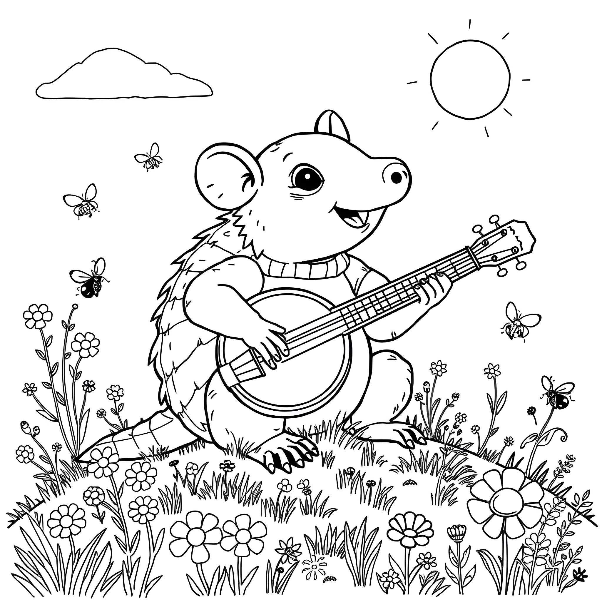 Armadillo playing music joyfully in a flowery field Coloring Page (free black-and-white line drawing printable PDF for all, from beginners to advanced learners, including children, teens, adults, and seniors)
