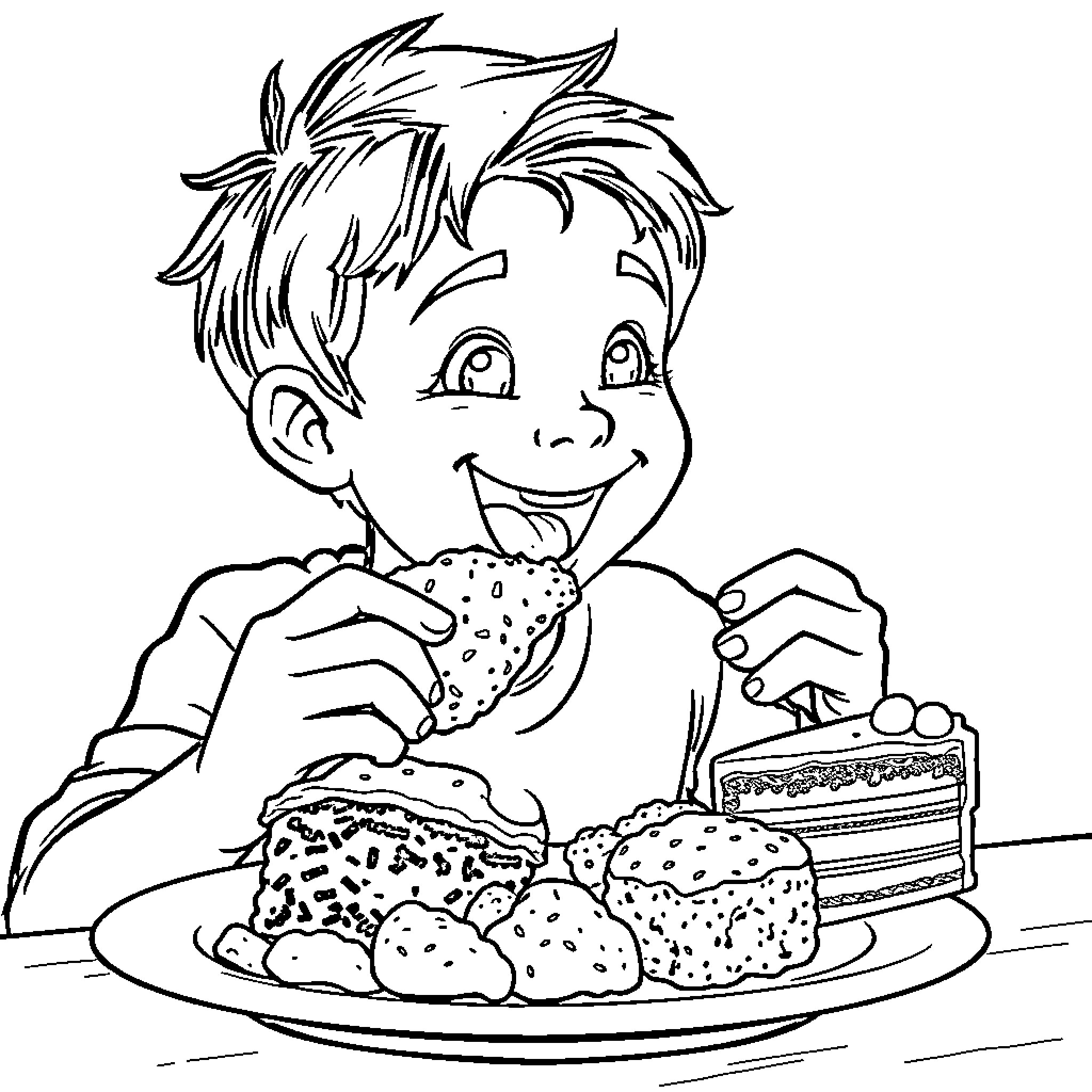 Student enjoying delicious treats Coloring Page (free black-and-white line drawing printable PDF for all, from beginners to advanced learners, including children, teens, adults, and seniors)