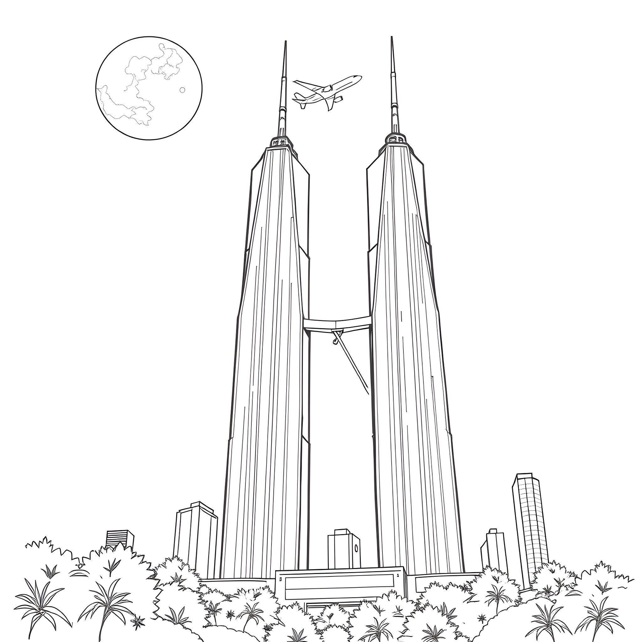 Tower of modern skyscrapers in a cityscape Coloring Page (free black-and-white line drawing printable PDF for all, from beginners to advanced learners, including children, teens, adults, and seniors)