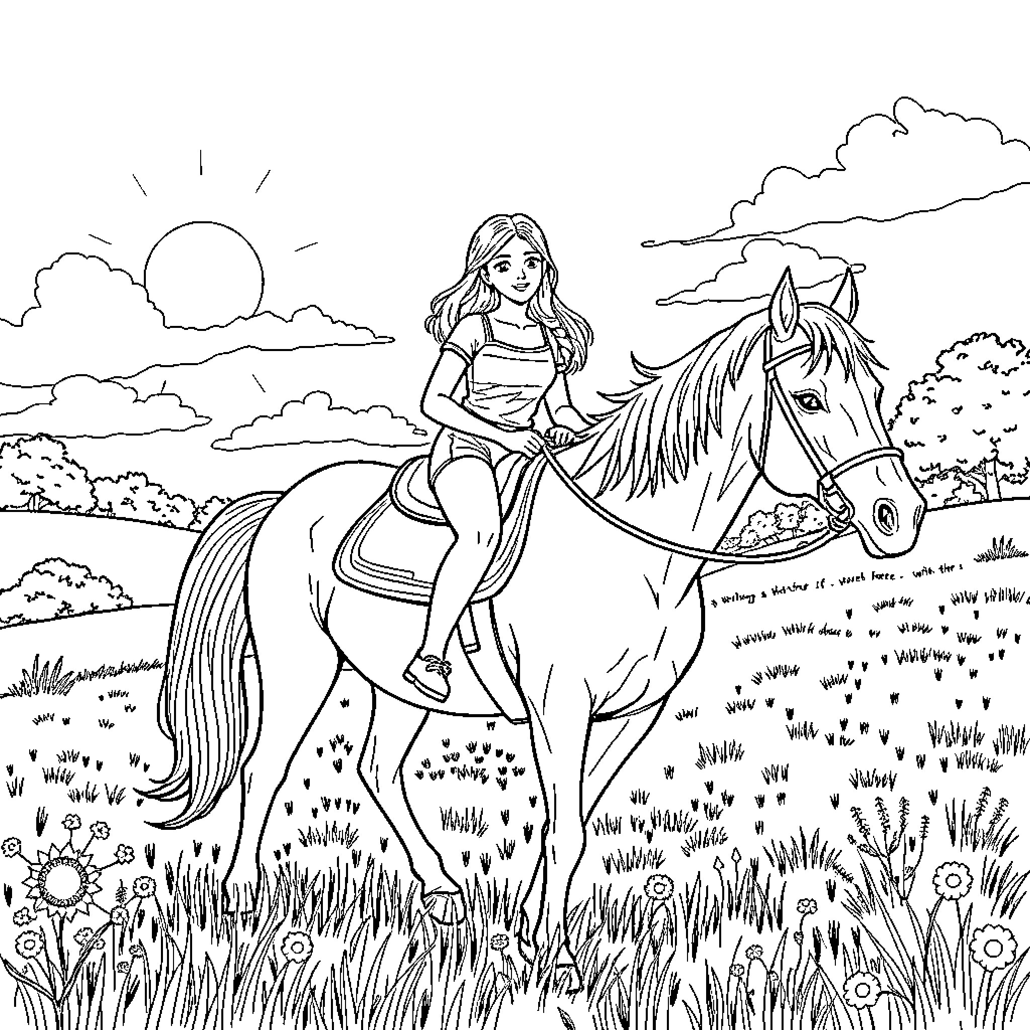 Girl riding a horse in a scenic landscape Coloring Page (free black-and-white line drawing printable PDF for all, from beginners to advanced learners, including children, teens, adults, and seniors)