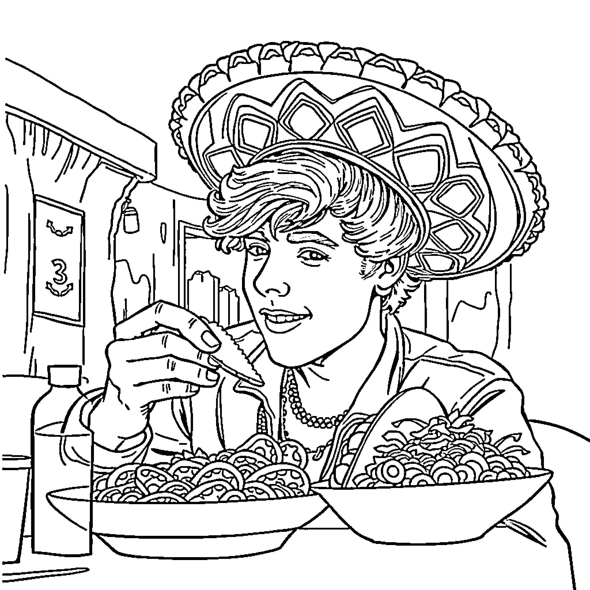 Harry Styles enjoying a traditional Mexican meal Coloring Page (free black-and-white line drawing printable PDF for all, from beginners to advanced learners, including children, teens, adults, and seniors)