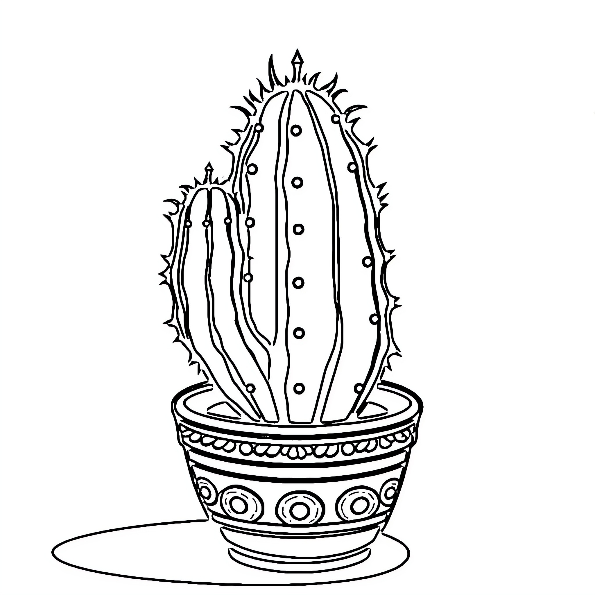 Cactus plant in decorative pot Coloring Page (free black-and-white line drawing printable PDF for all, from beginners to advanced learners, including children, teens, adults, and seniors)