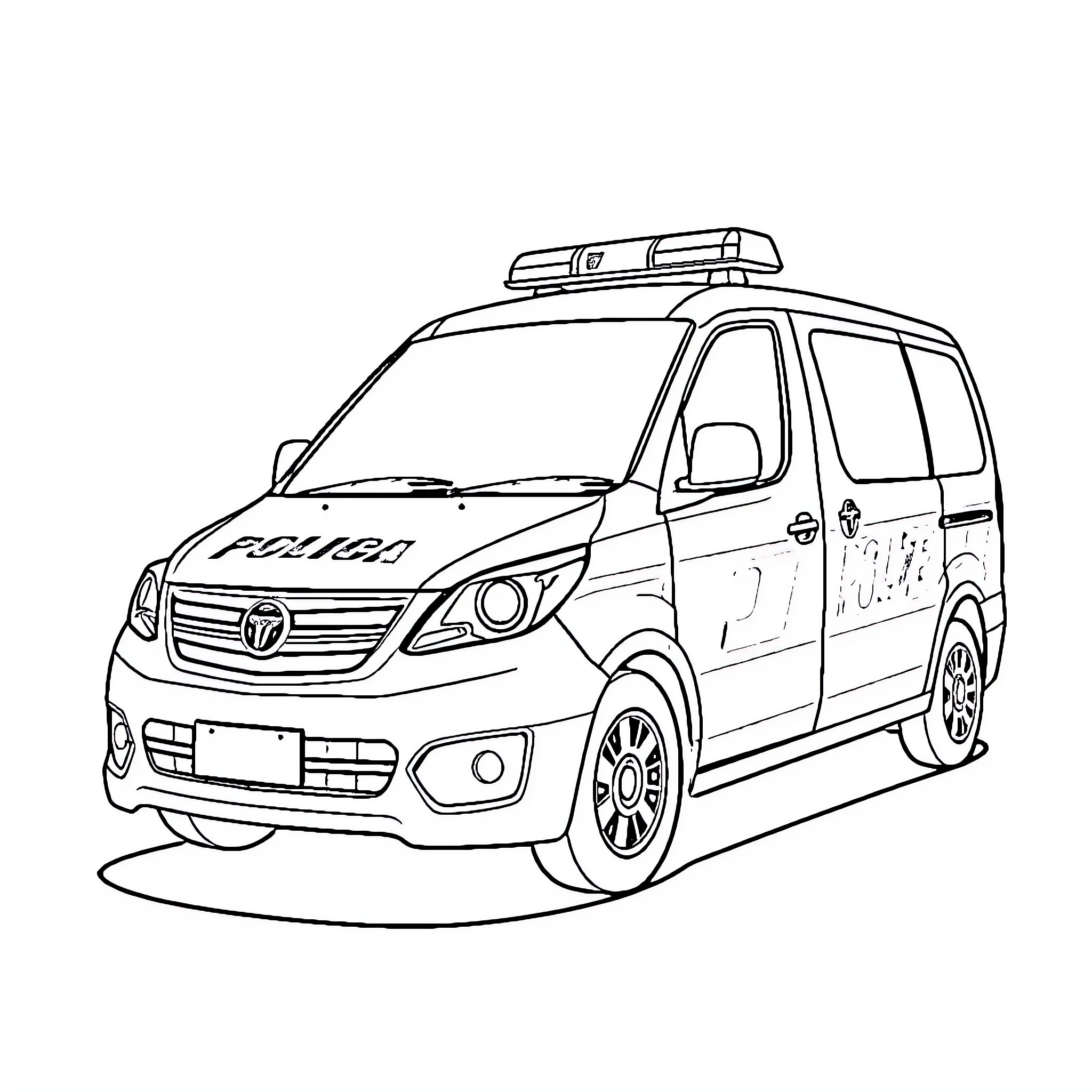 Police Car with Rooftop Emergency Lights Coloring Page (free black-and-white line drawing printable PDF for all, from beginners to advanced learners, including children, teens, adults, and seniors)
