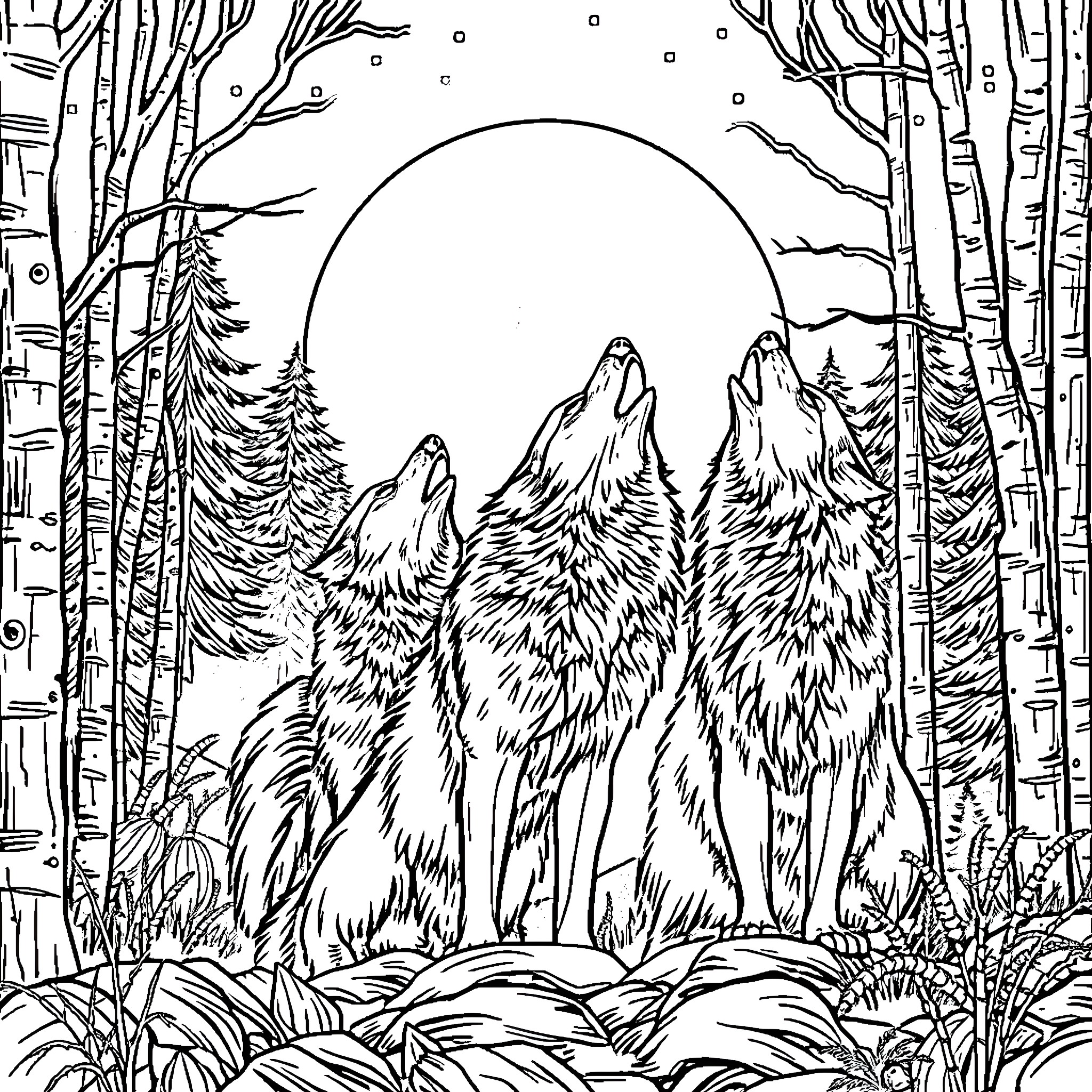 Wolf Trio Howling Under Moonlight in Forest Coloring Page (free black-and-white line drawing printable PDF for all, from beginners to advanced learners, including children, teens, adults, and seniors)