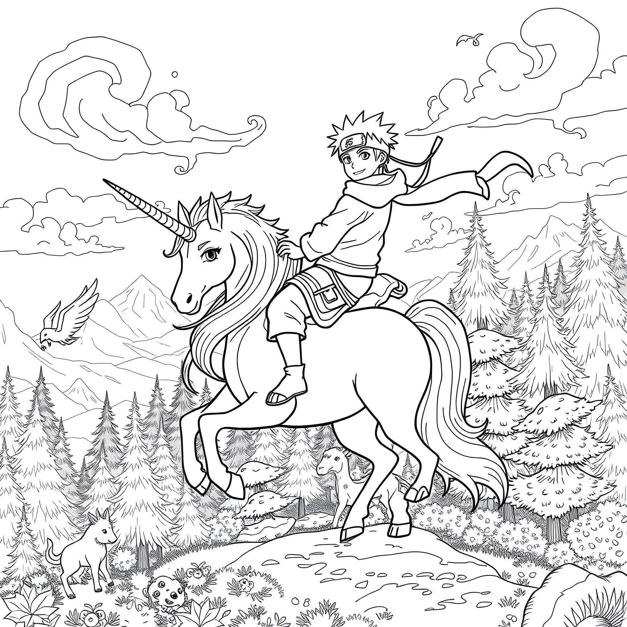 Naruto riding a magical unicorn through the enchanted forest Coloring Page (free black-and-white line drawing printable PDF for all, from beginners to advanced learners, including children, teens, adults, and seniors)