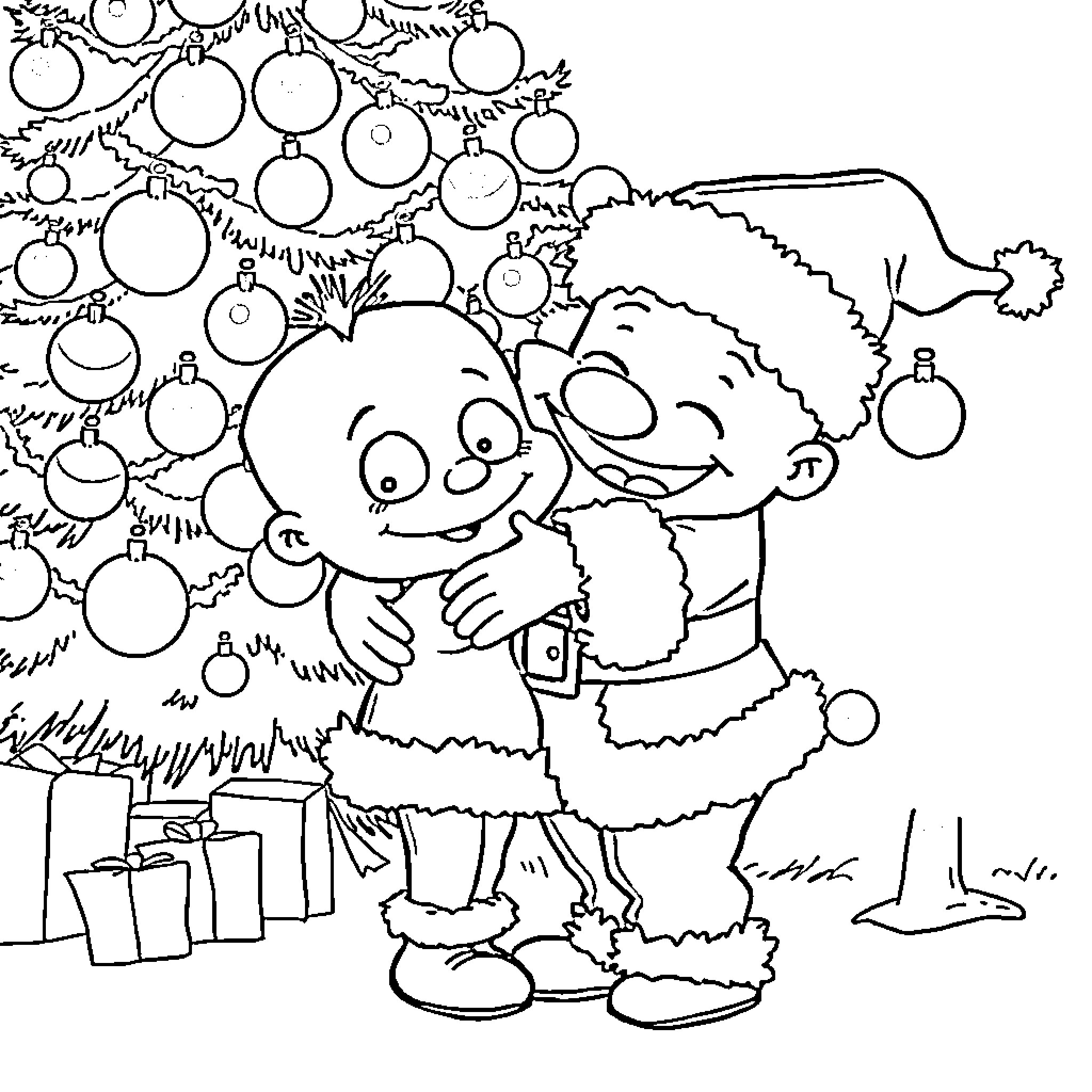 Tommy Pickles decorating the Christmas tree with joy Coloring Page (free black-and-white line drawing printable PDF for all, from beginners to advanced learners, including children, teens, adults, and seniors)