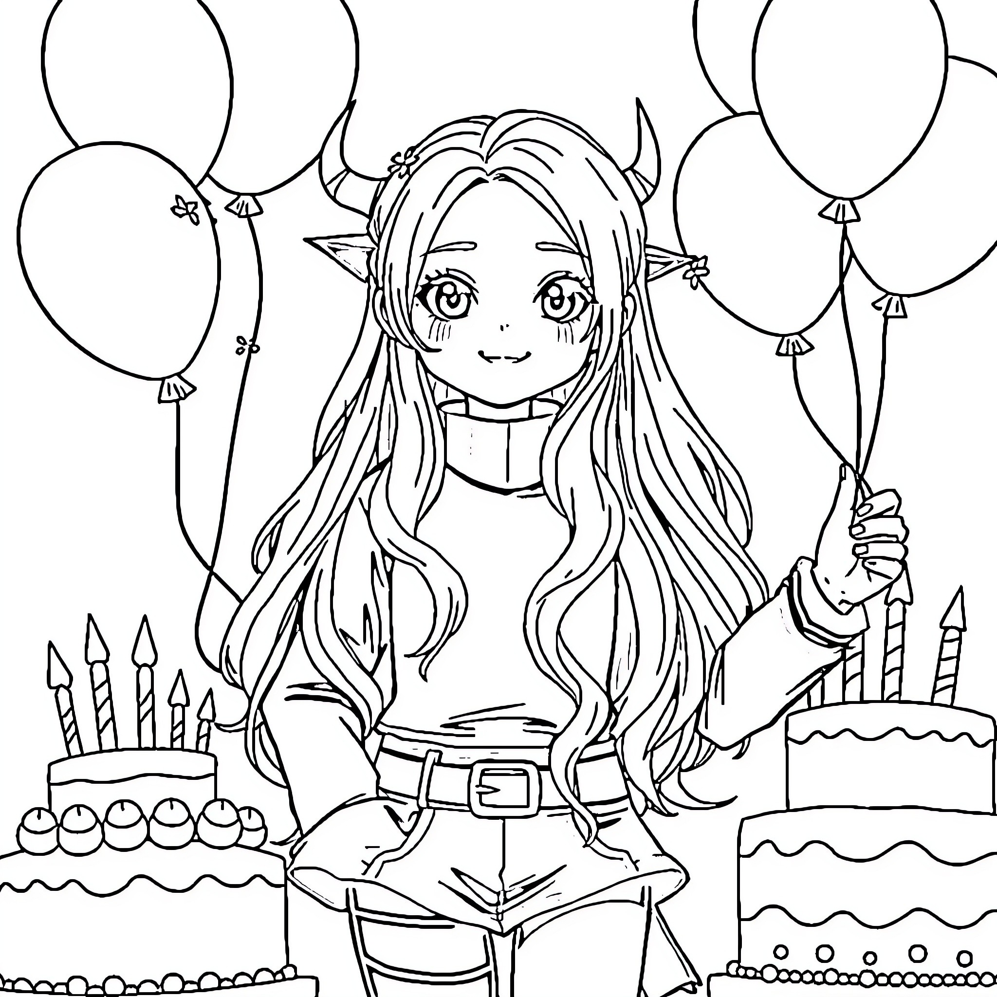 Demon Hunter Celebrates Birthday with Balloons and Cake Coloring Page (free black-and-white line drawing printable PDF for all, from beginners to advanced learners, including children, teens, adults, and seniors)