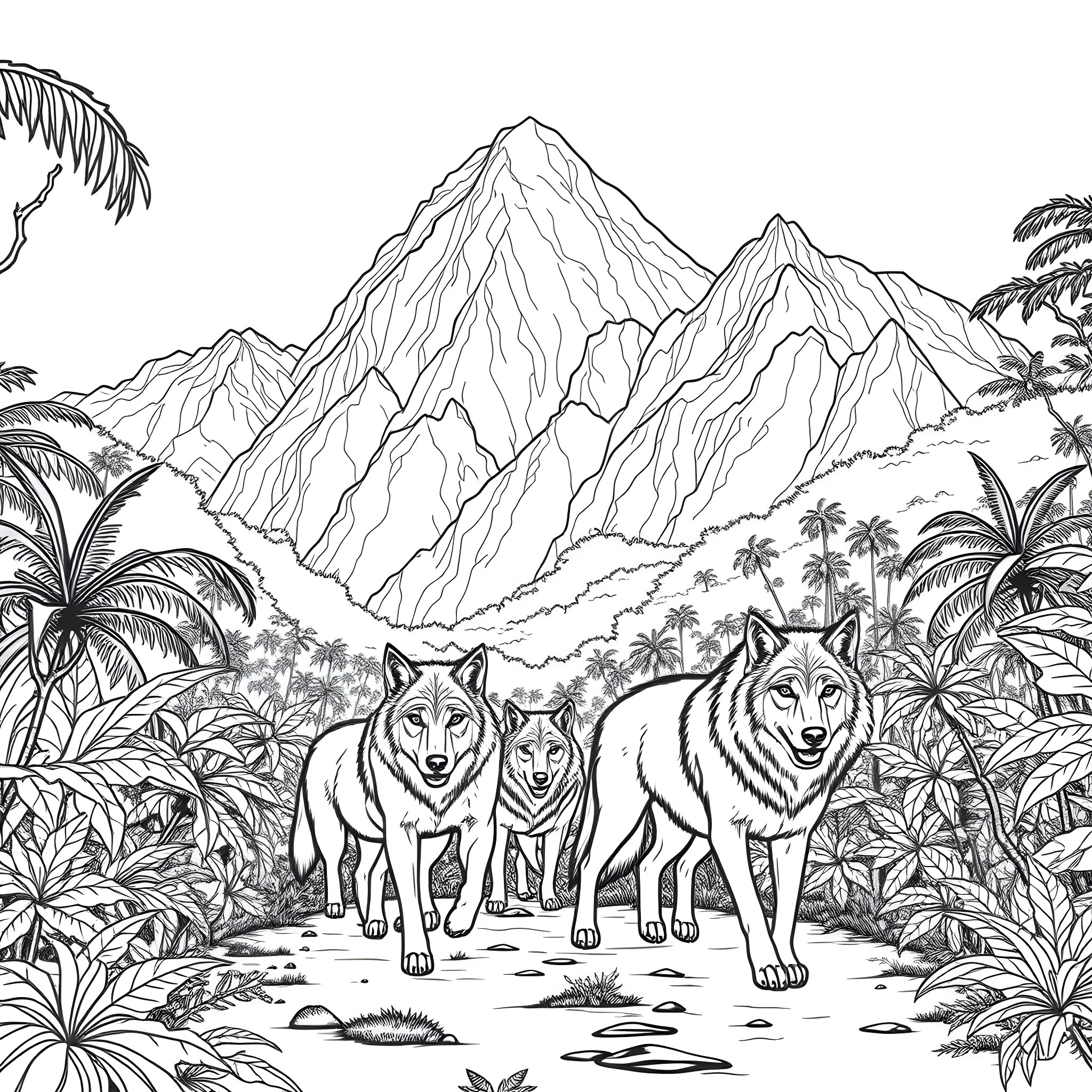 Wolf Pack Prowling Through Lush Jungle Landscape Coloring Page (free black-and-white line drawing printable PDF for all, from beginners to advanced learners, including children, teens, adults, and seniors)