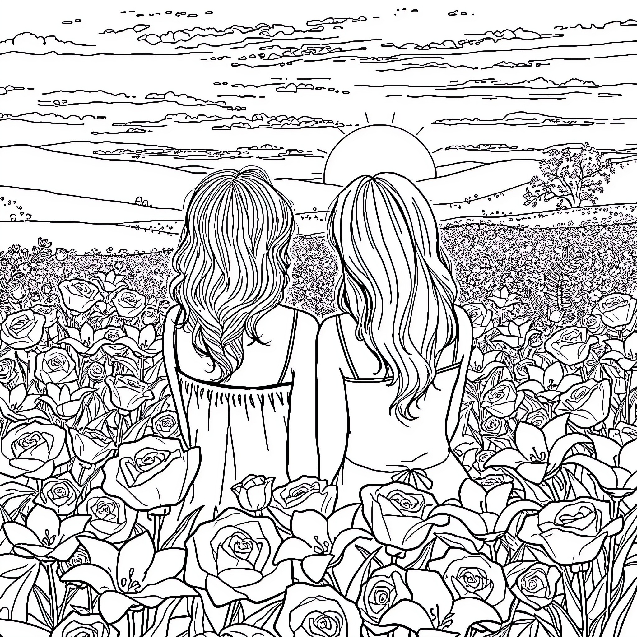 Women Enjoying the Sunset in a Flower Field Coloring Page (free black-and-white line drawing printable PDF for all, from beginners to advanced learners, including children, teens, adults, and seniors)