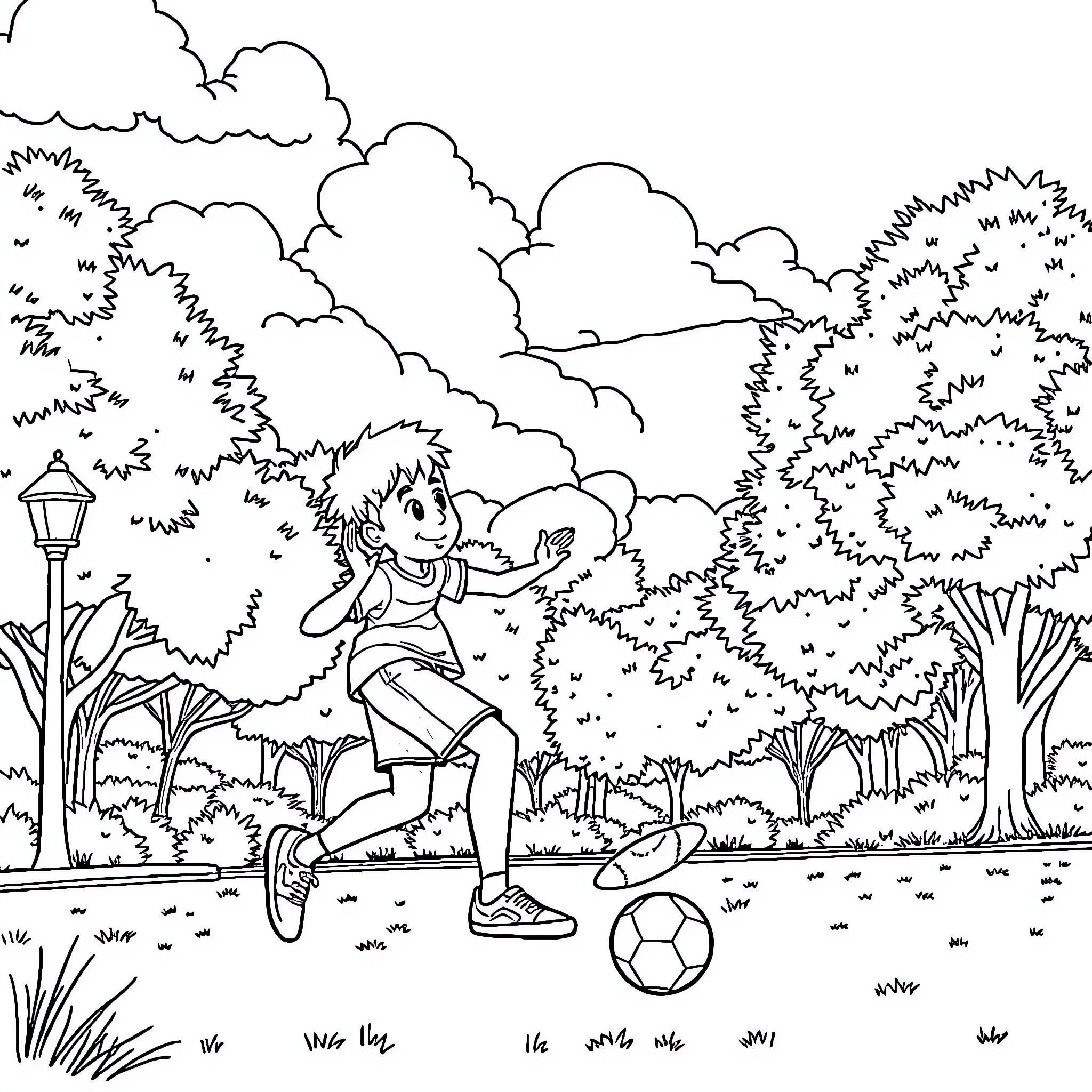 Gojo Playing with Soccer Ball in Lush Outdoor Setting Coloring Page (free black-and-white line drawing printable PDF for all, from beginners to advanced learners, including children, teens, adults, and seniors)
