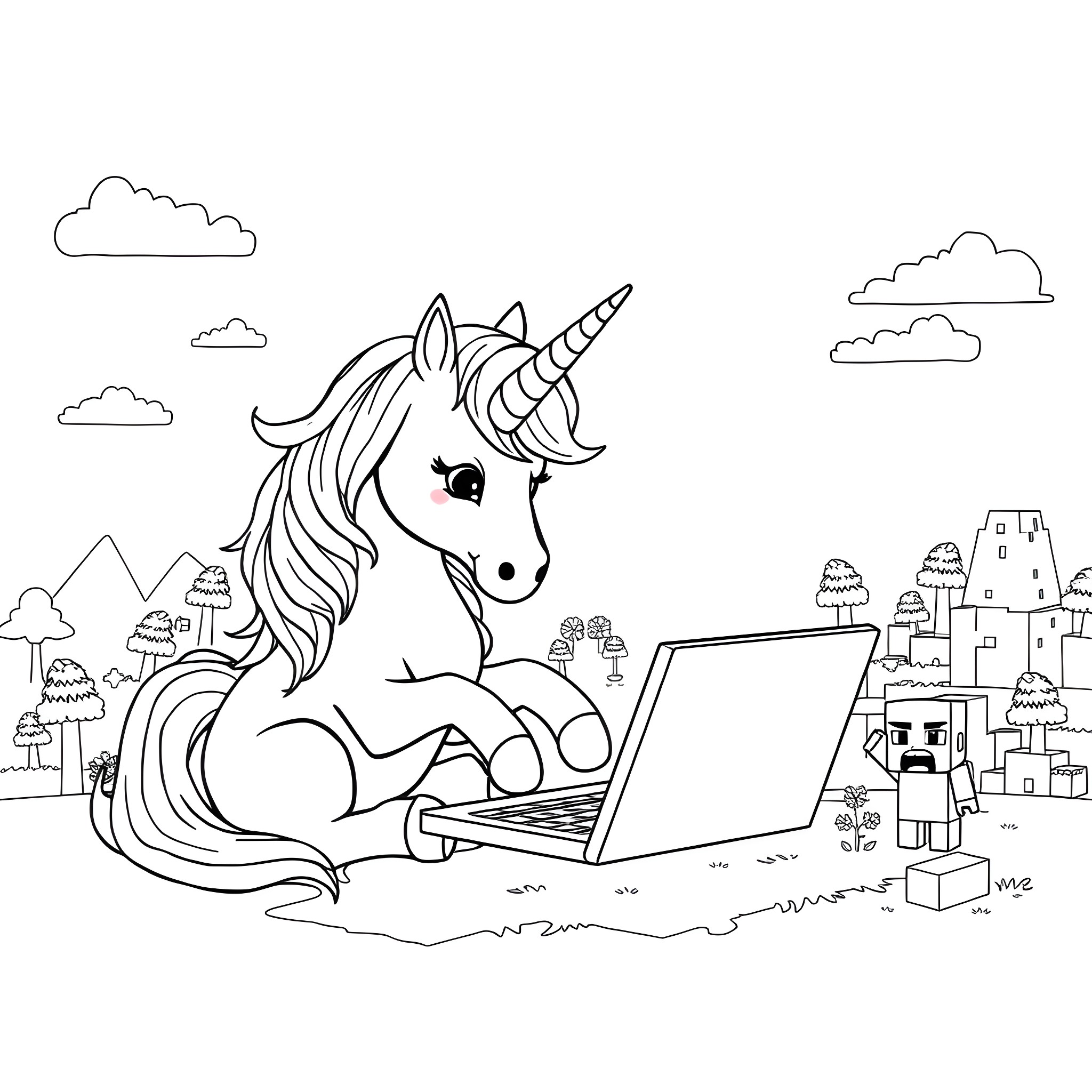 Unicorn using laptop in a whimsical landscape Coloring Page (free black-and-white line drawing printable PDF for all, from beginners to advanced learners, including children, teens, adults, and seniors)