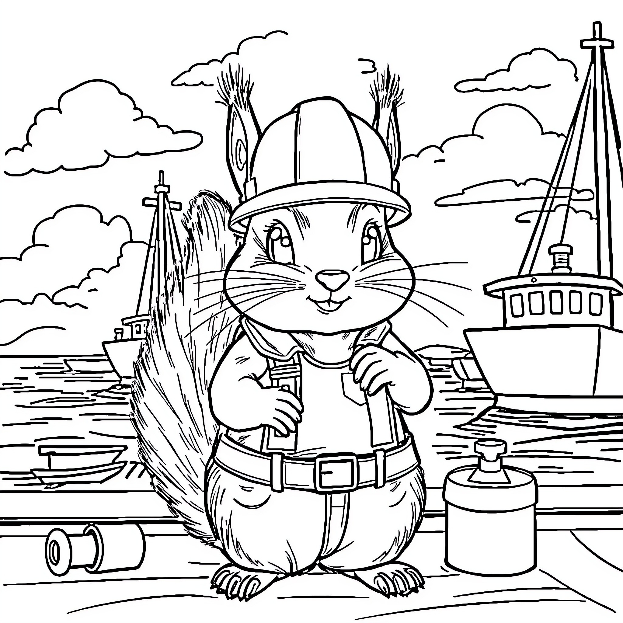 Squirrel firefighter working hard at the docks Coloring Page (free black-and-white line drawing printable PDF for all, from beginners to advanced learners, including children, teens, adults, and seniors)