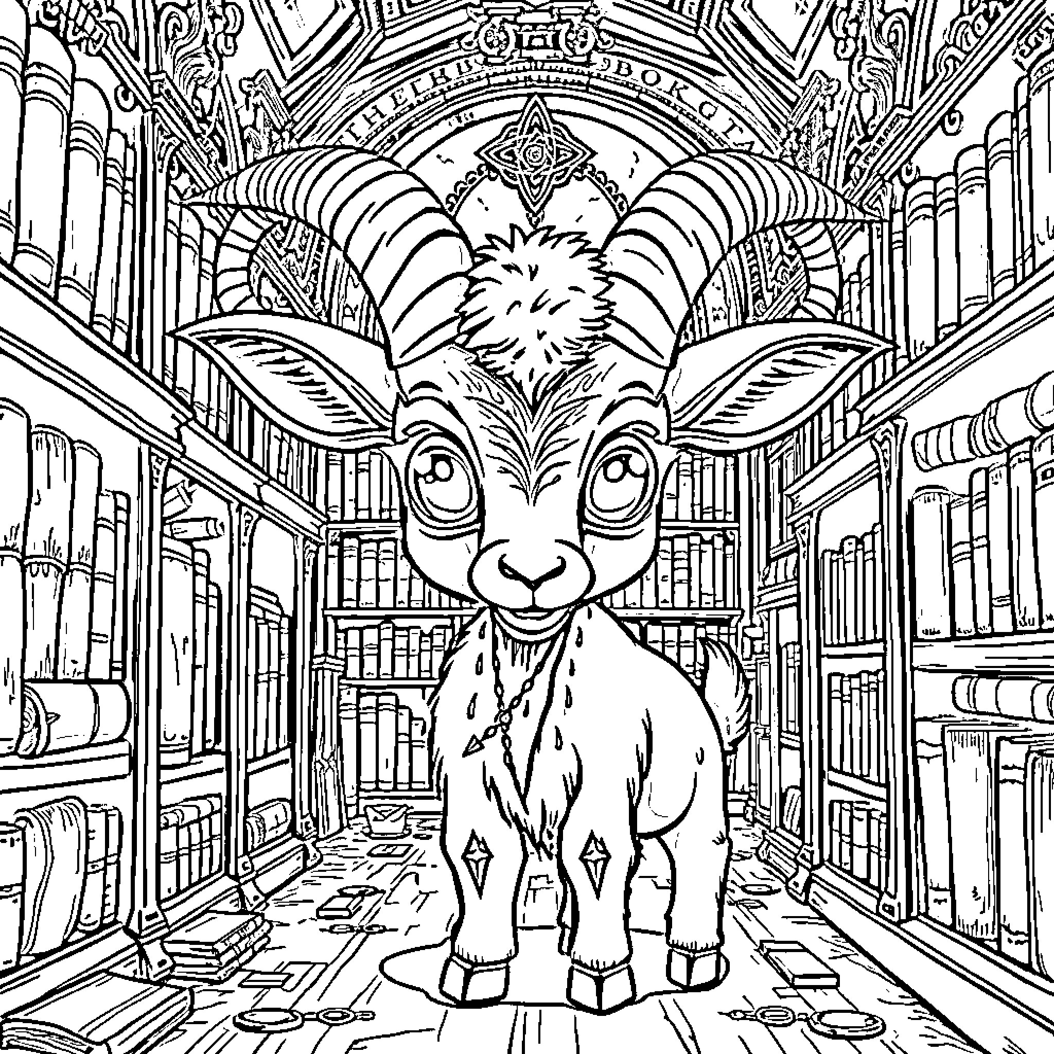 Goat exploring a fantastical library Coloring Page (free black-and-white line drawing printable PDF for all, from beginners to advanced learners, including children, teens, adults, and seniors)