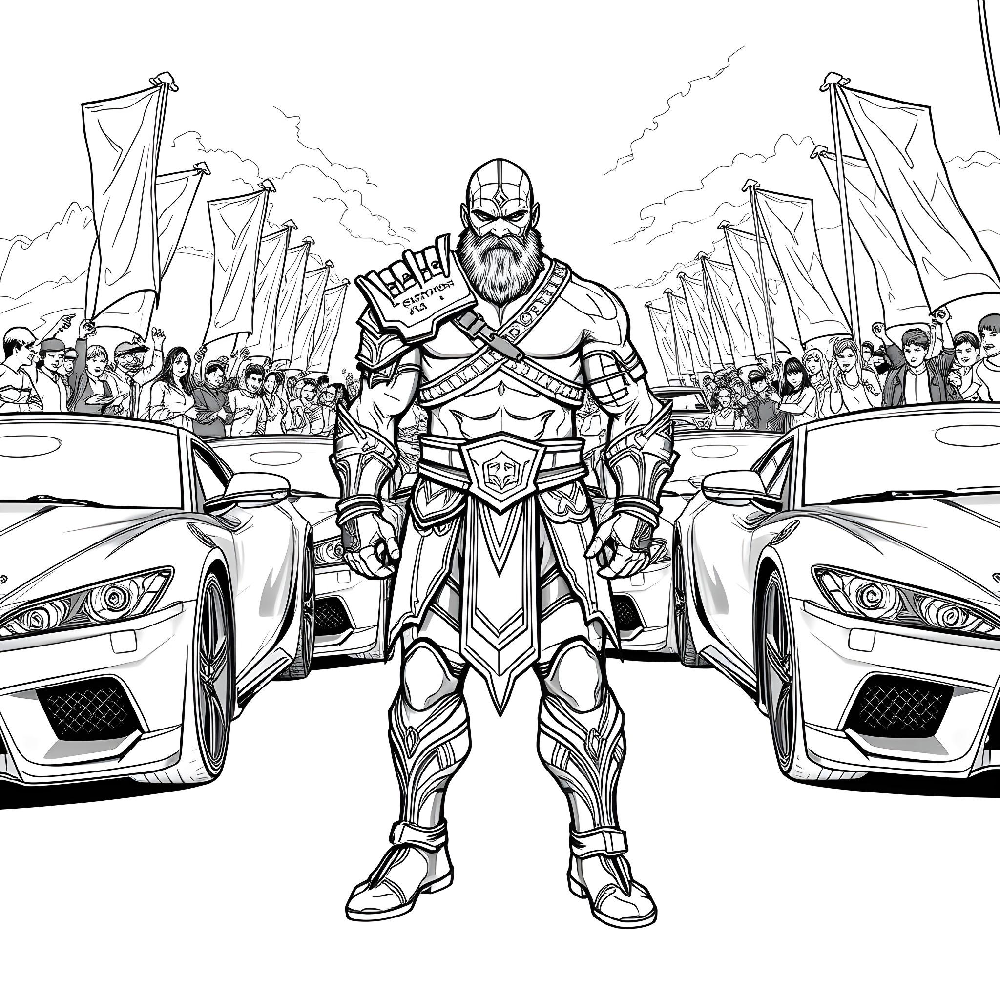 Kratos, the Mighty Warrior, Stands Tall Amidst Chaos Coloring Page (free black-and-white line drawing printable PDF for all, from beginners to advanced learners, including children, teens, adults, and seniors)