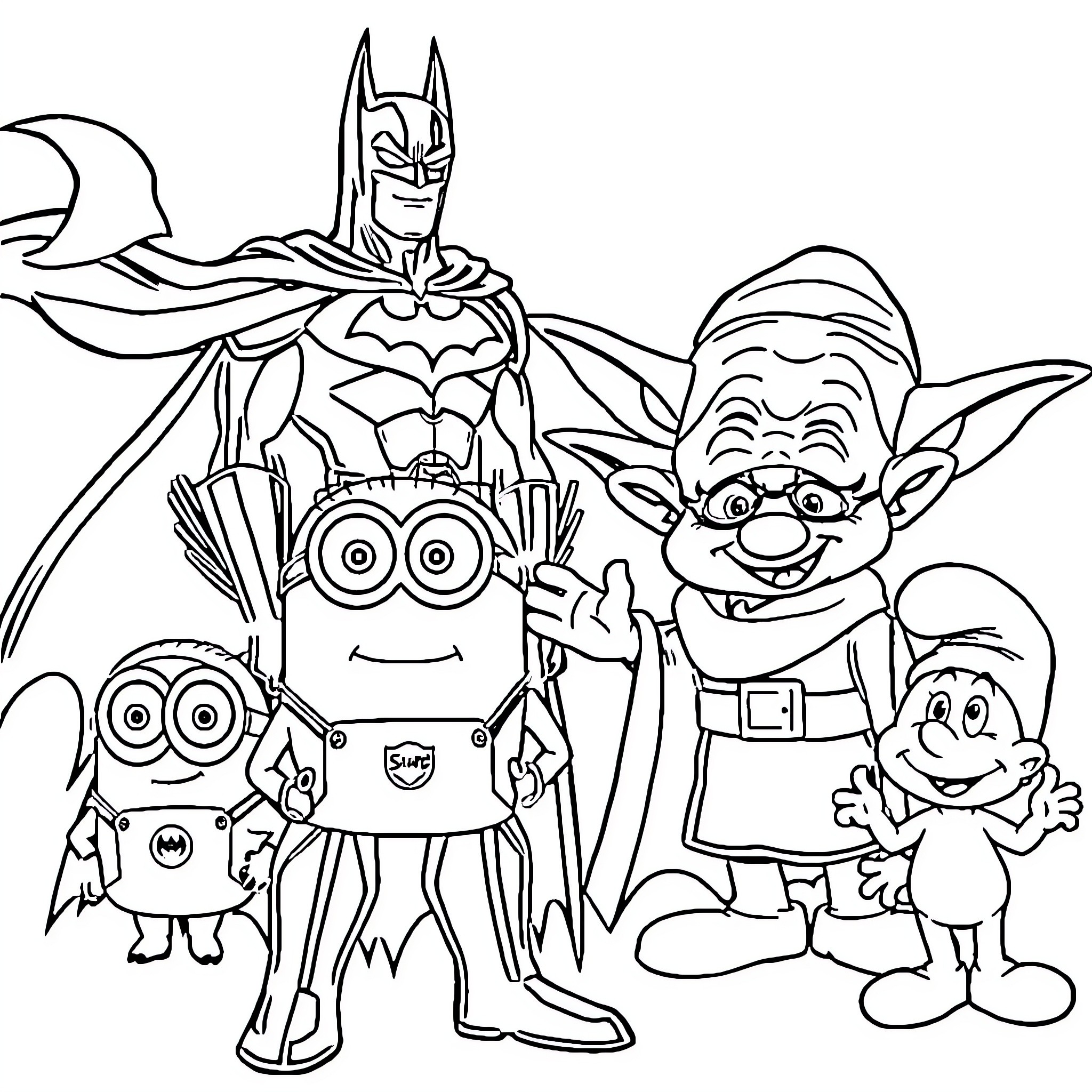 Character heroes, villains, and friends in action Coloring Page (free black-and-white line drawing printable PDF for all, from beginners to advanced learners, including children, teens, adults, and seniors)
