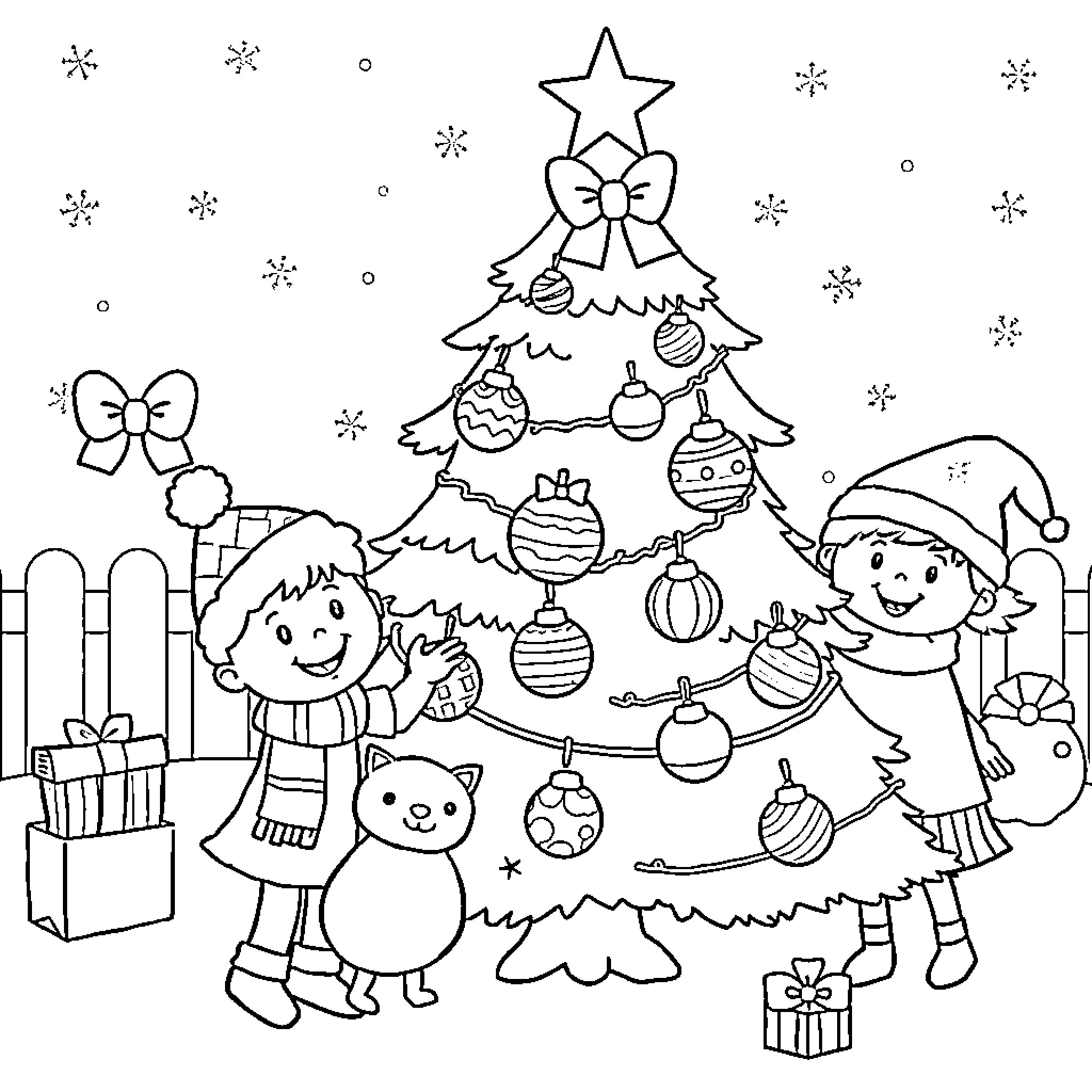 Christmas kids decorating festive tree with friends Coloring Page (free black-and-white line drawing printable PDF for all, from beginners to advanced learners, including children, teens, adults, and seniors)