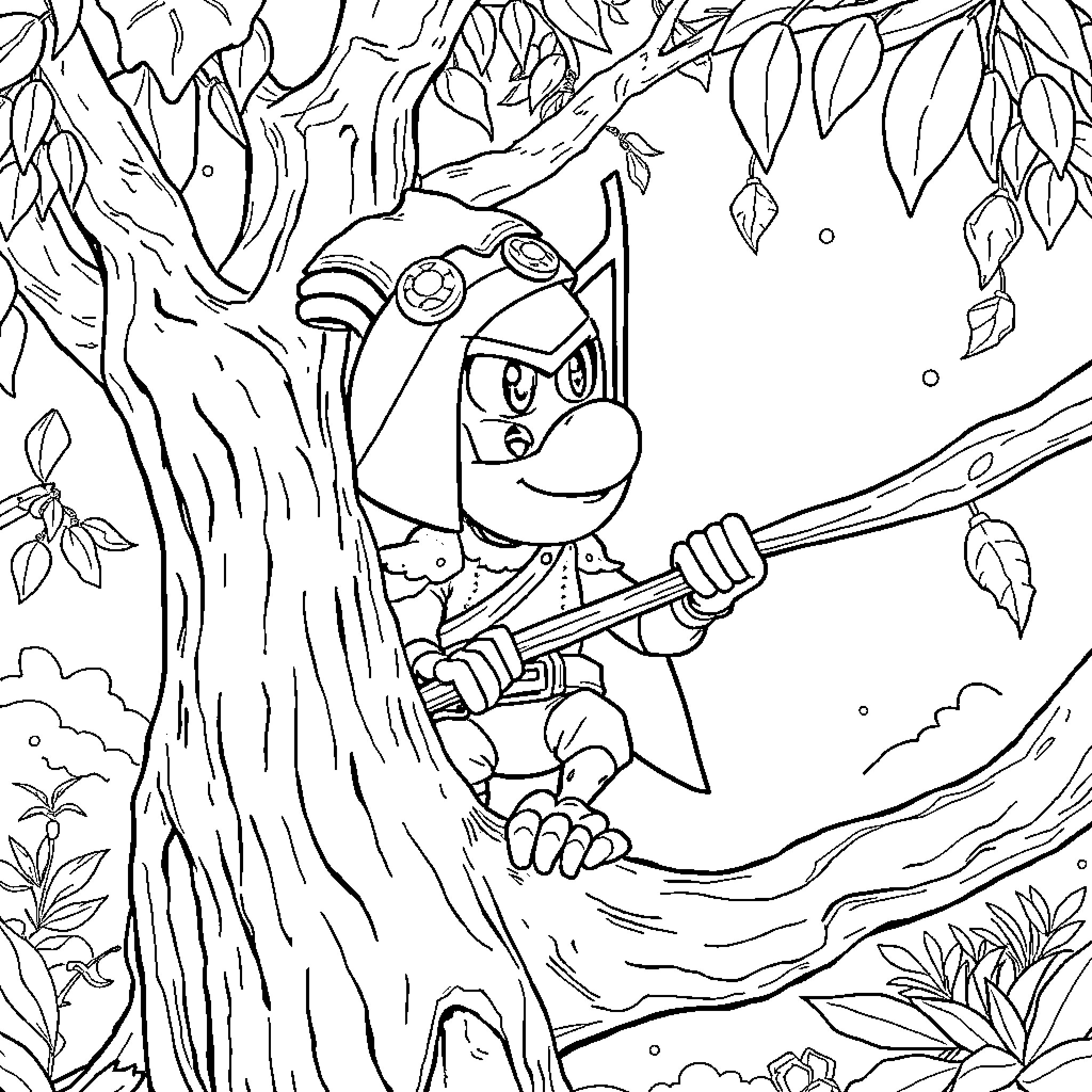 Raccoon in forest setting with tools Coloring Page (free black-and-white line drawing printable PDF for all, from beginners to advanced learners, including children, teens, adults, and seniors)