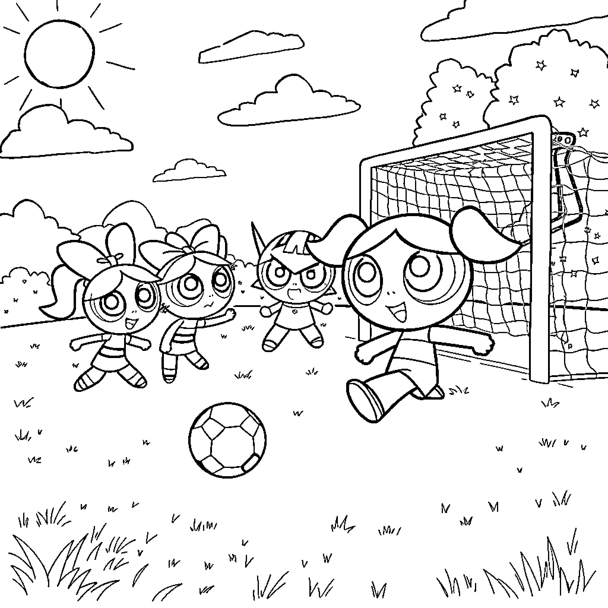 Powerpuff Girls playing soccer in the park Coloring Page (free black-and-white line drawing printable PDF for all, from beginners to advanced learners, including children, teens, adults, and seniors)