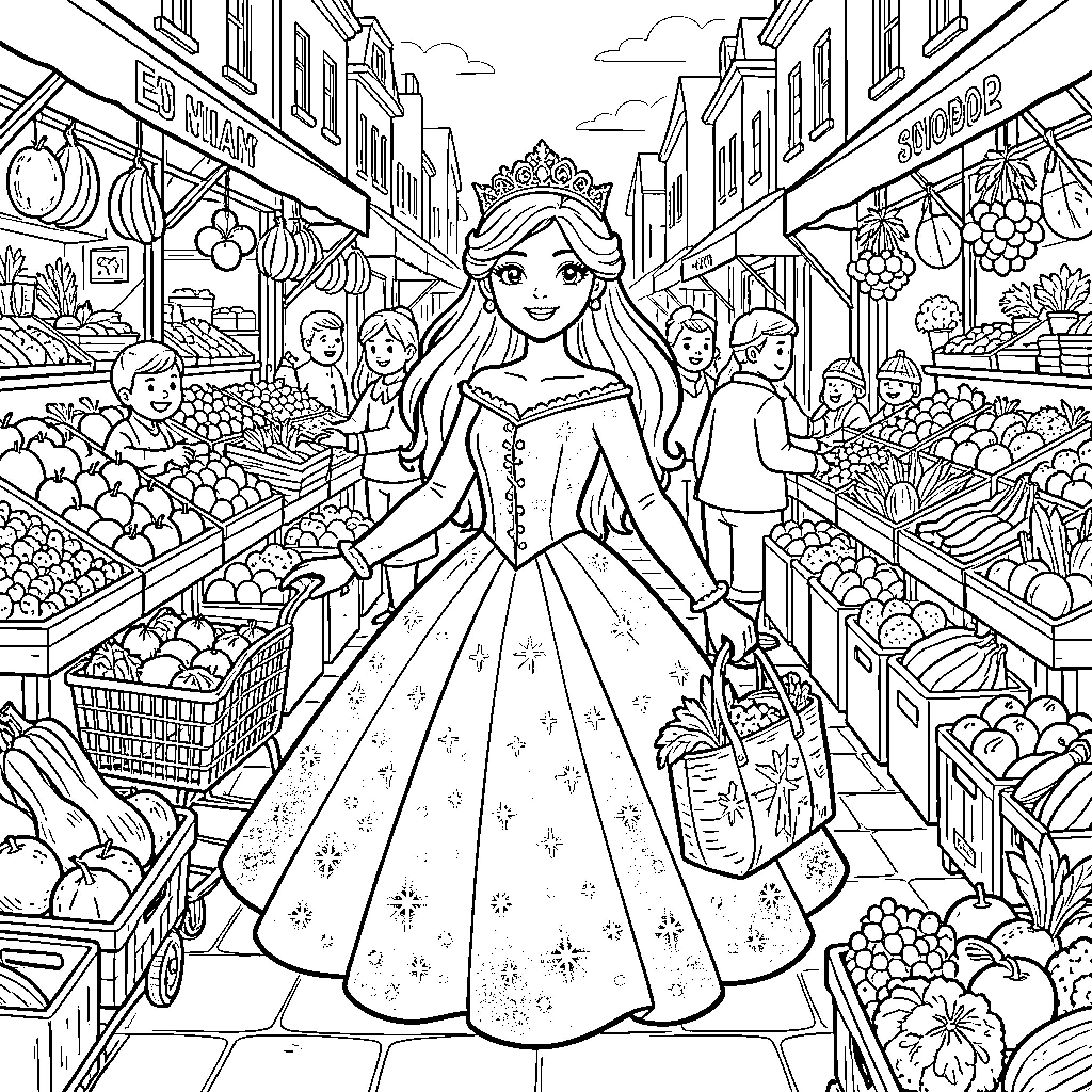 Frozen Queen's Visit to the Local Market Coloring Page (free black-and-white line drawing printable PDF for all, from beginners to advanced learners, including children, teens, adults, and seniors)