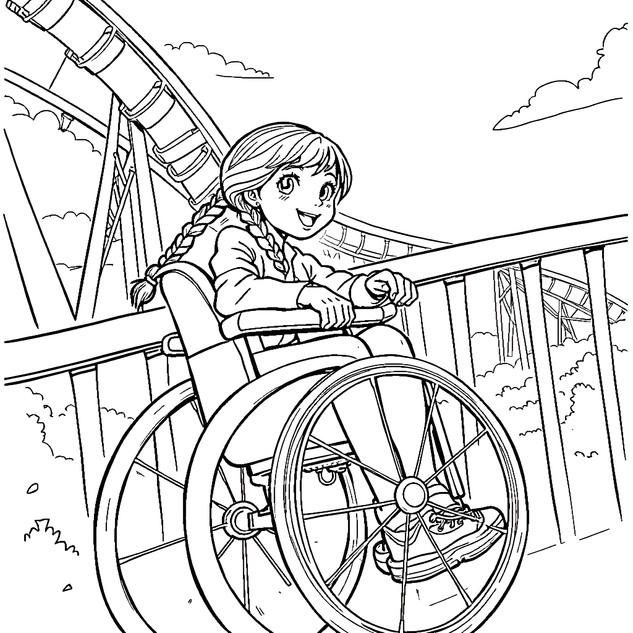 Girl enjoying a roller coaster ride Coloring Page (free black-and-white line drawing printable PDF for all, from beginners to advanced learners, including children, teens, adults, and seniors)