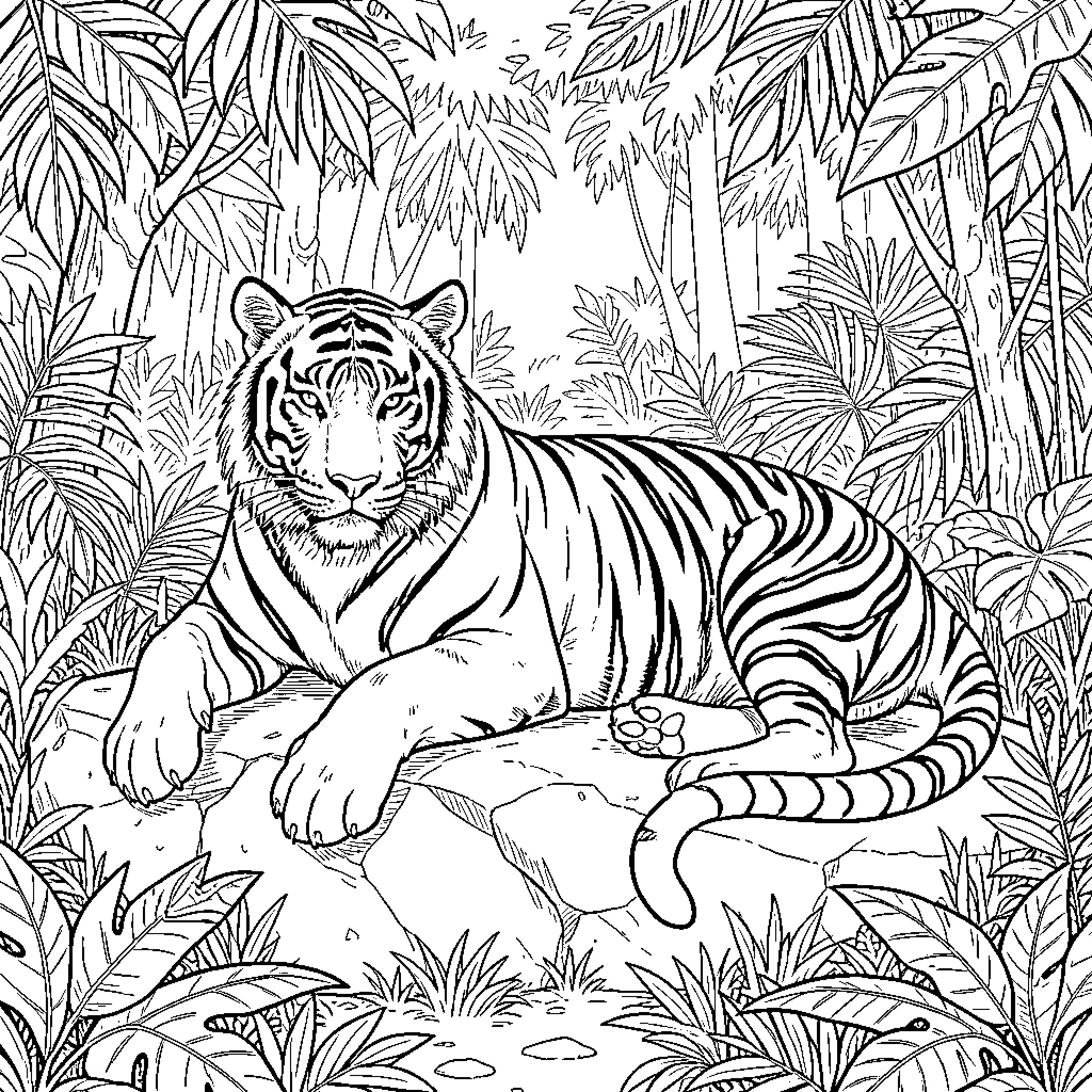 Tiger resting in lush tropical jungle Coloring Page (free black-and-white line drawing printable PDF for all, from beginners to advanced learners, including children, teens, adults, and seniors)