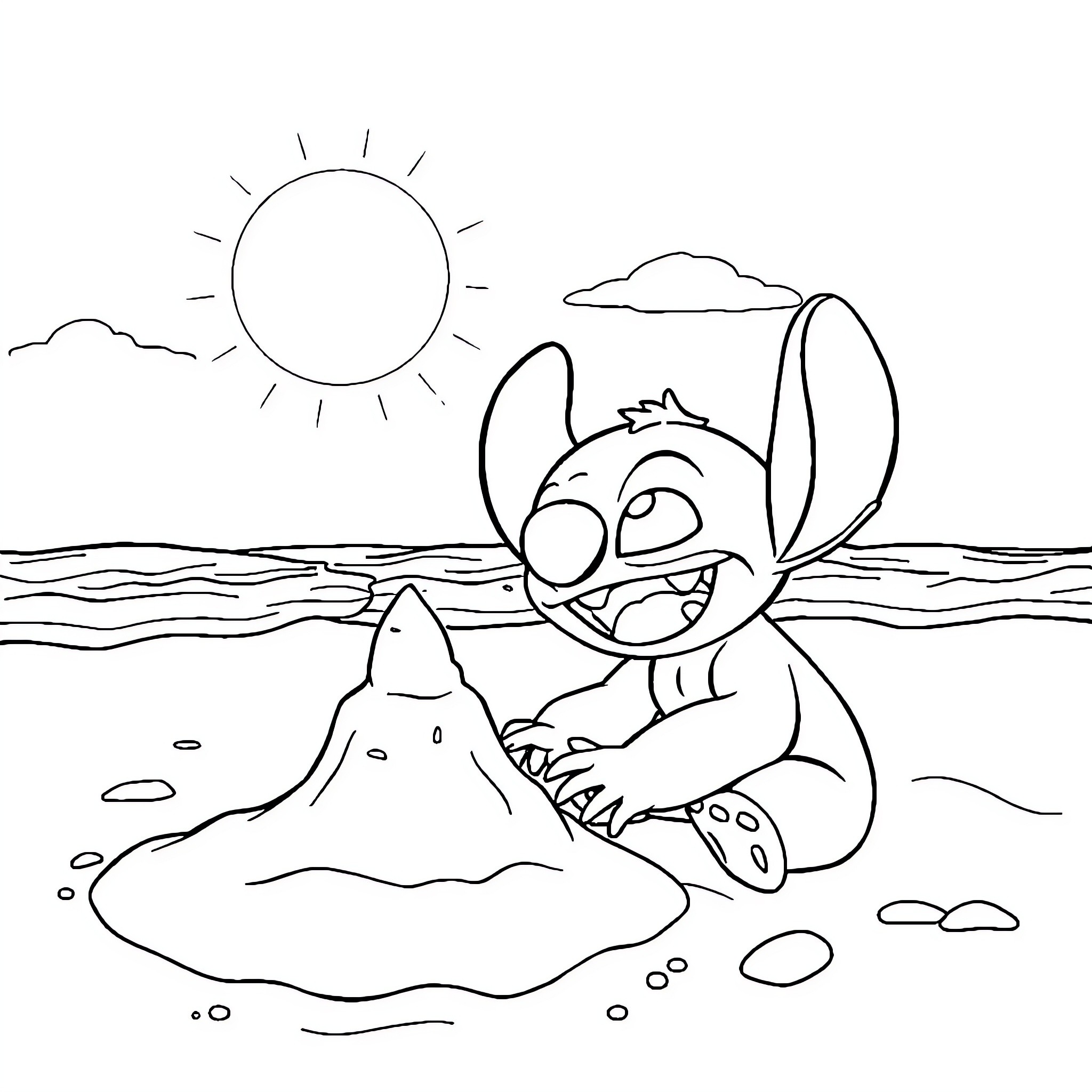 Stitch enjoying a sunny day at the beach Coloring Page (free black-and-white line drawing printable PDF for all, from beginners to advanced learners, including children, teens, adults, and seniors)