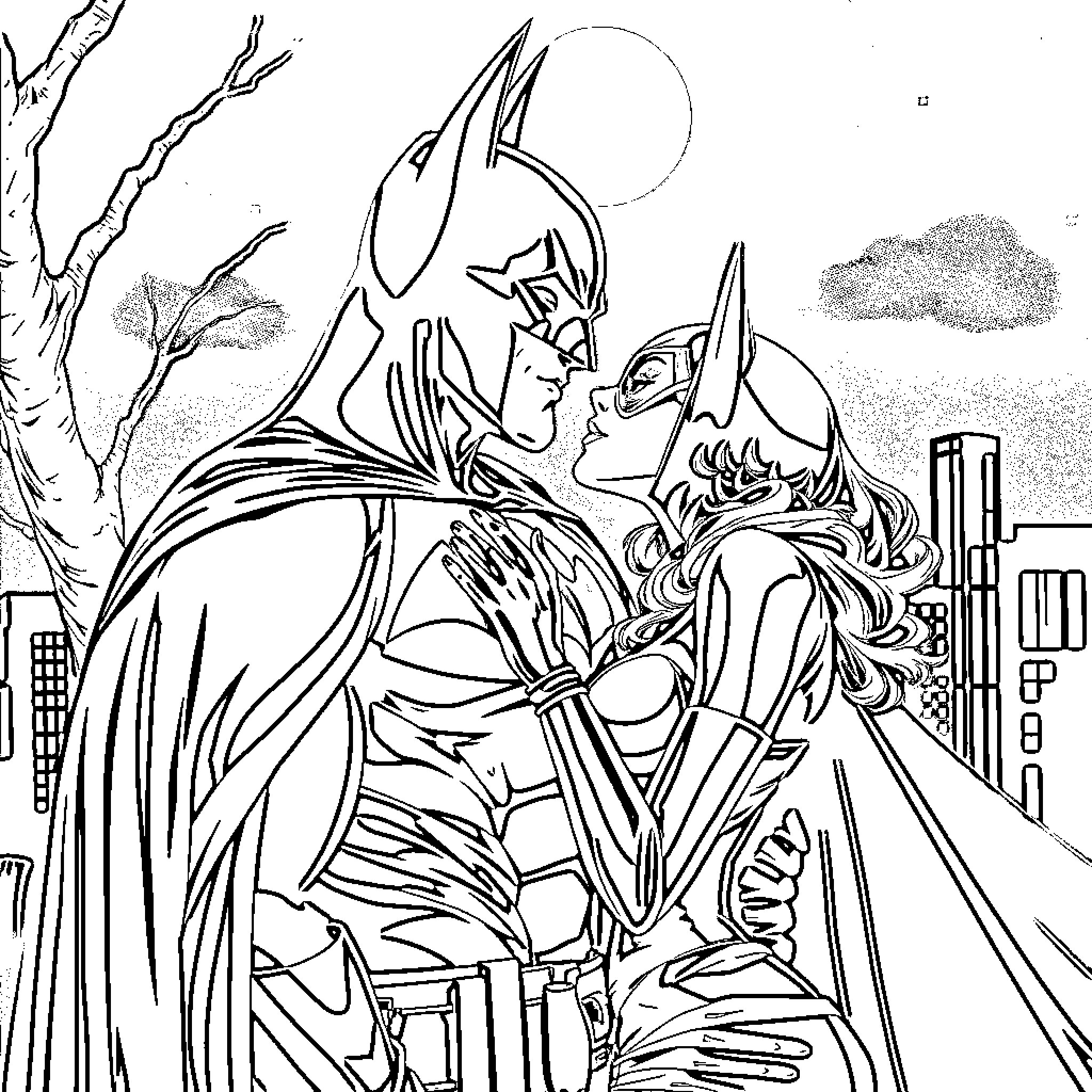 Batman and Joker's Confrontation in the City Coloring Page (free black-and-white line drawing printable PDF for all, from beginners to advanced learners, including children, teens, adults, and seniors)