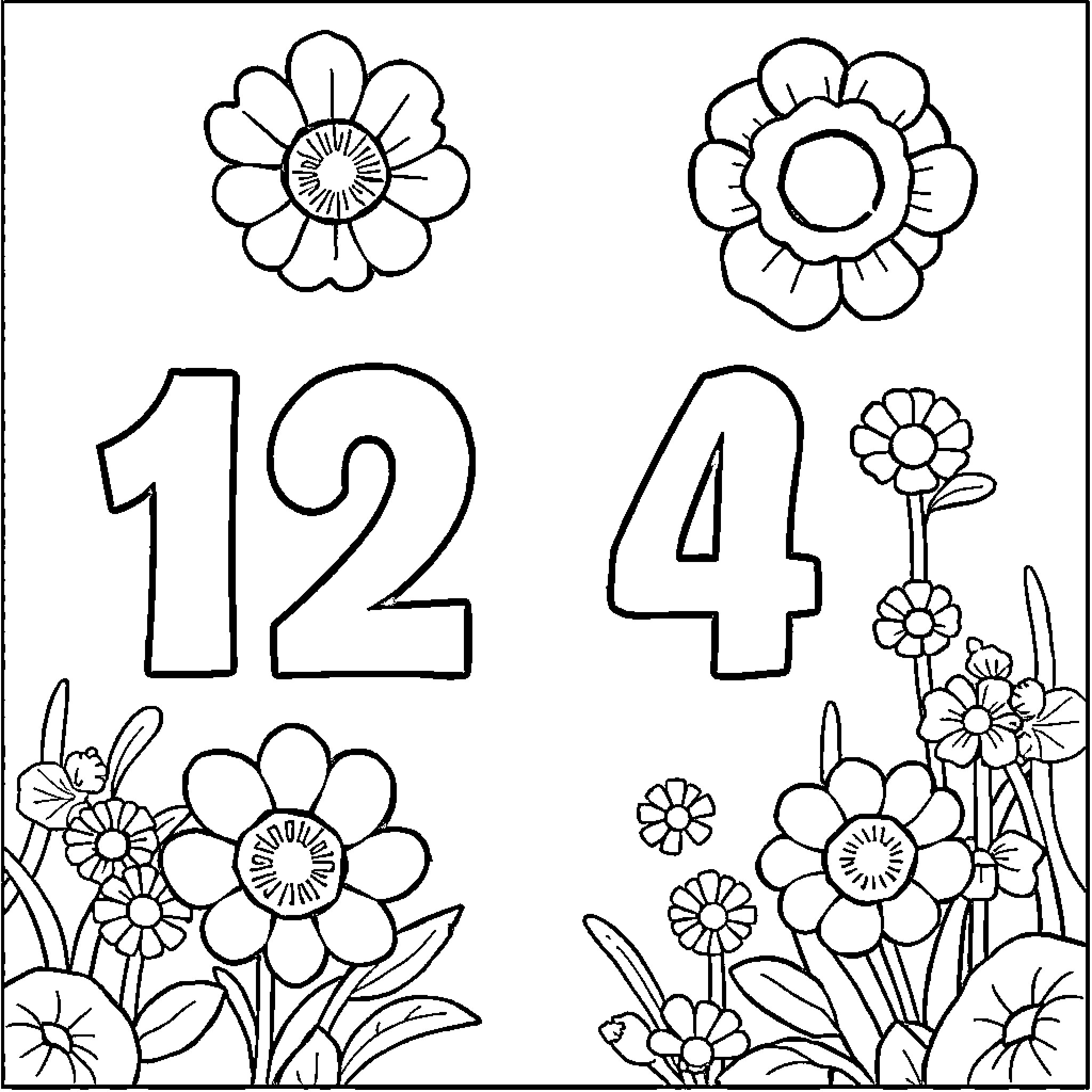Number 12 4 Flowers and Nature Coloring Page (free black-and-white line drawing printable PDF for all, from beginners to advanced learners, including children, teens, adults, and seniors)