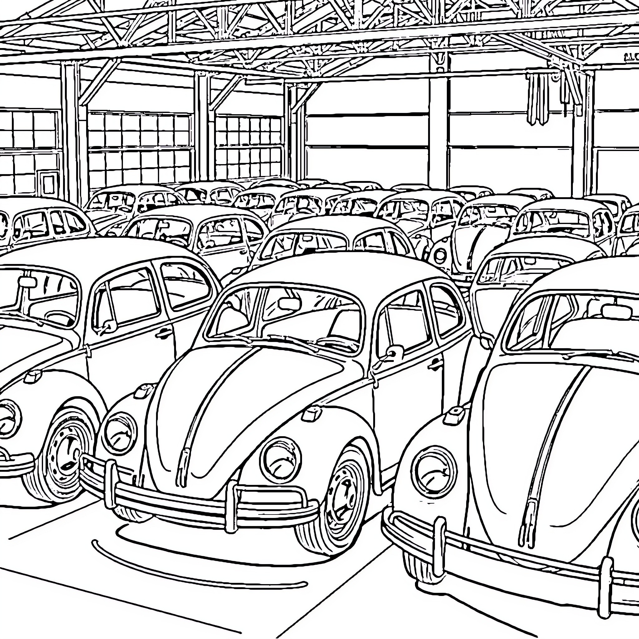 Volkswagen Beetles in a crowded garage Coloring Page (free black-and-white line drawing printable PDF for all, from beginners to advanced learners, including children, teens, adults, and seniors)