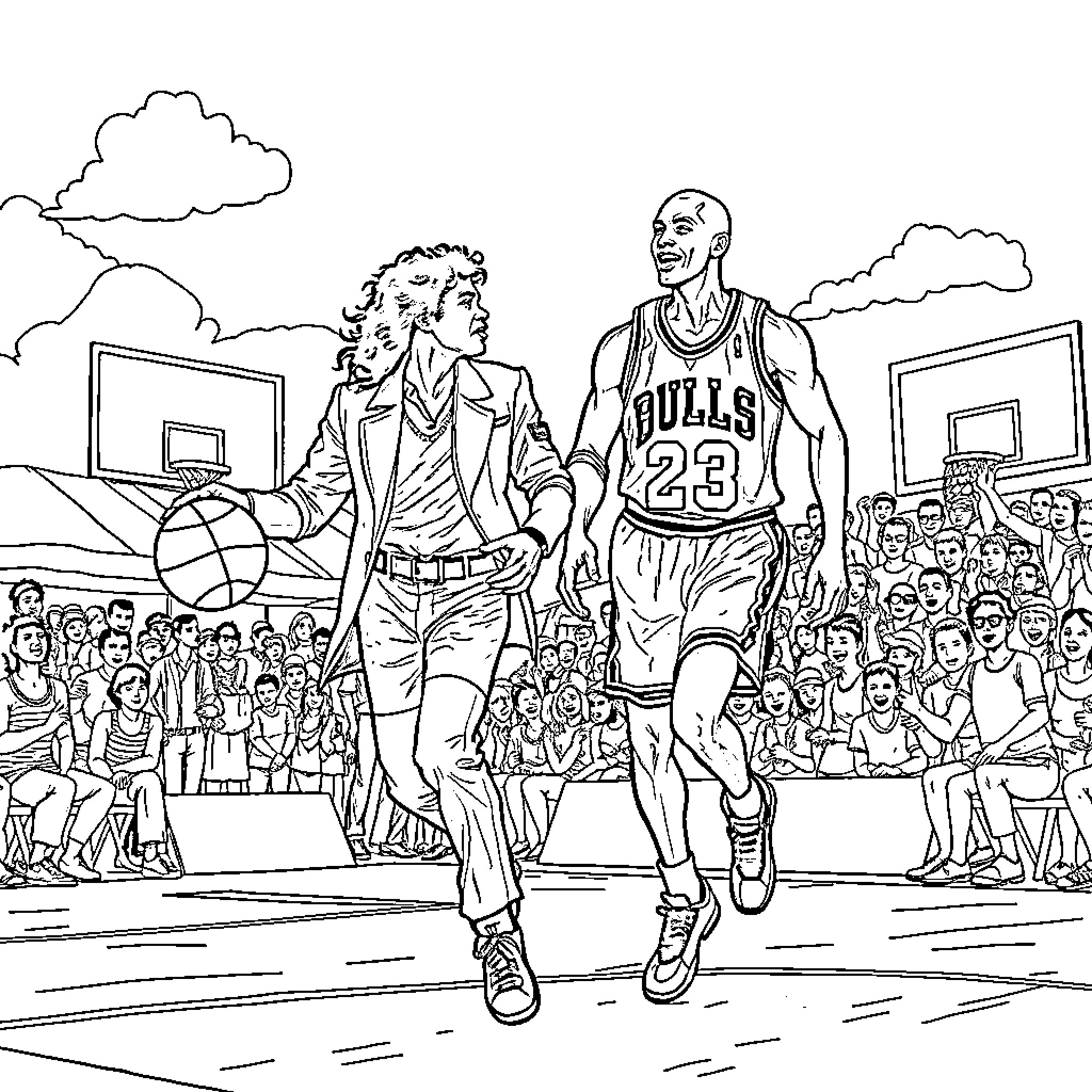 Michael Jackson and Basketball Player Interacting on Court Coloring Page (free black-and-white line drawing printable PDF for all, from beginners to advanced learners, including children, teens, adults, and seniors)